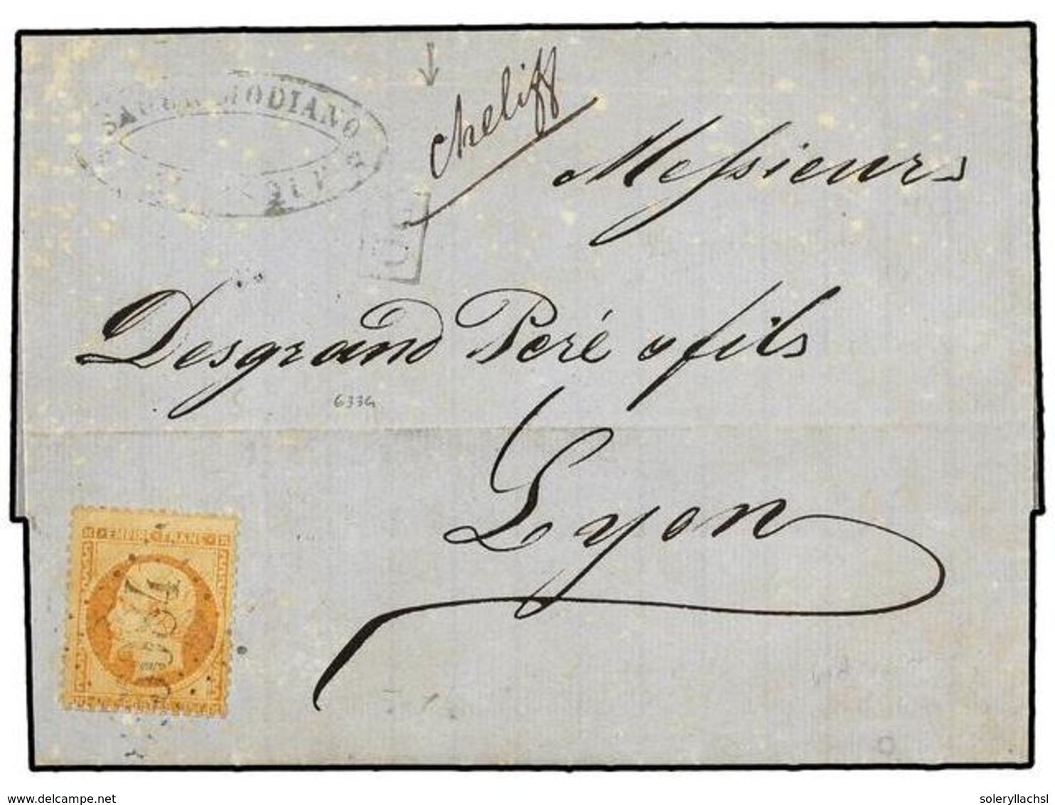 319 LEVANTE: CORREO FRANCES. 1867. SALONICA A LYON. <B>40 Cts.</B> Naranja, Mat.<B> </B>rombo De Puntos <B>'5084'</B> (D - Autres & Non Classés