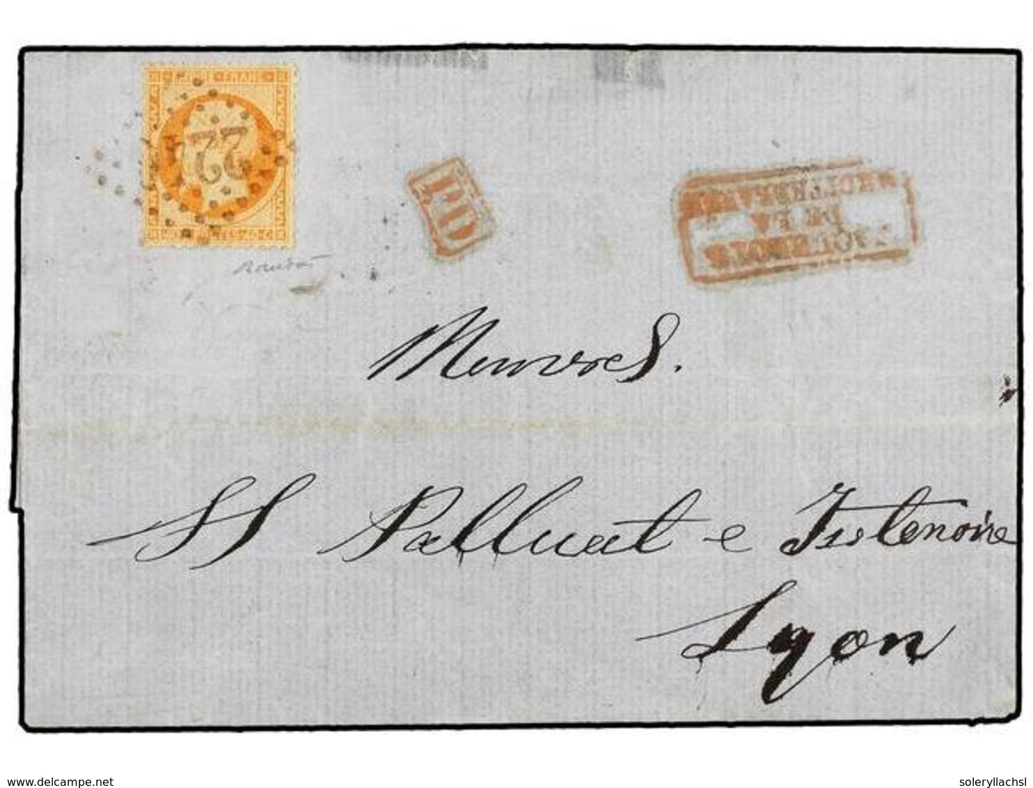 321 FRANCIA. Yv.23. 1869. VOLO (Grecia) A LYON. <B>40 Cts.</B> Naranja, Mat. A La Llegada Con El Rombo De Puntos <B>'224 - Autres & Non Classés