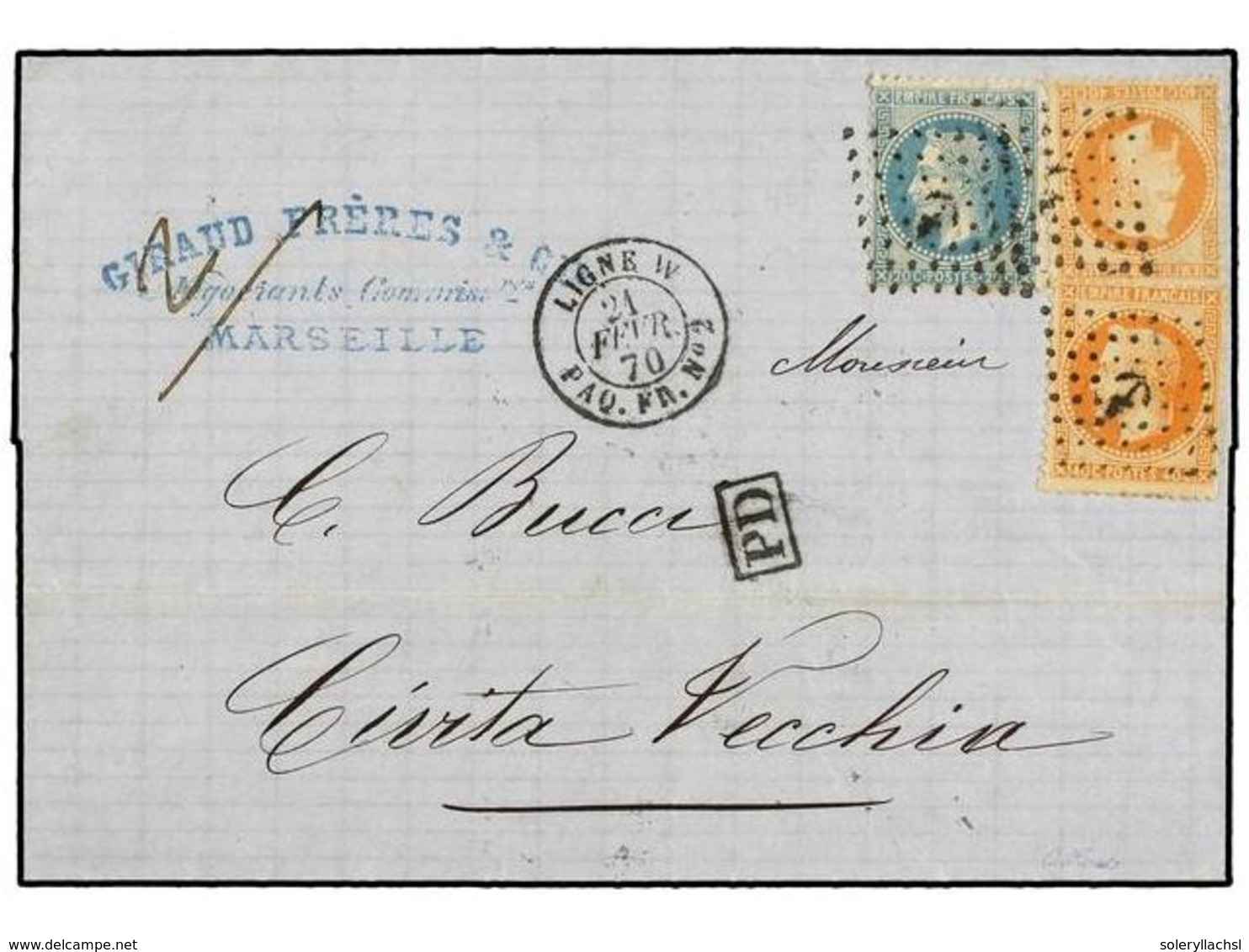 324 FRANCIA. Yv.29, 31 (2). 1870. MARSEILLE A CIVITA VECCHIA.<B> 20 Cts.</B> Azul Y <B>40 Cts.</B> Naranja (2), Mat. <B> - Altri & Non Classificati