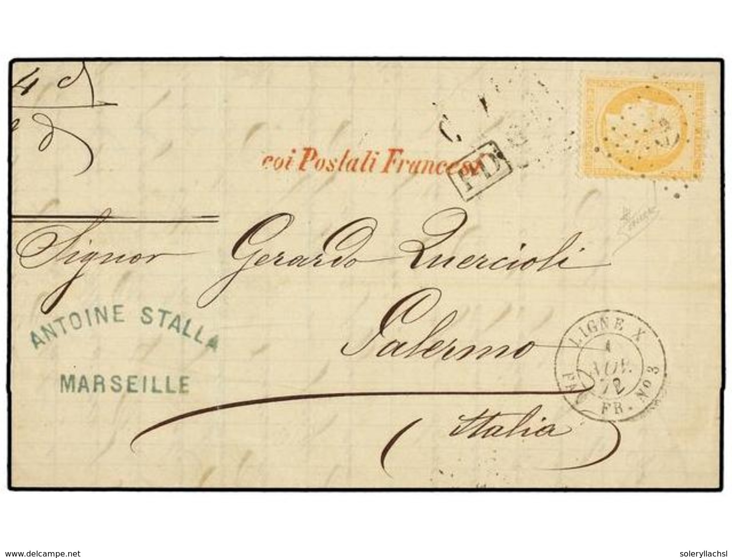 331 FRANCIA. Yv.38. 1872. MARSELLA A PALERMO. <B>40 Cts.</B> Naranja, Mat.<B> ANCLA</B> Y Fechador <B>LIGNE X/PAQ. FR. N - Andere & Zonder Classificatie