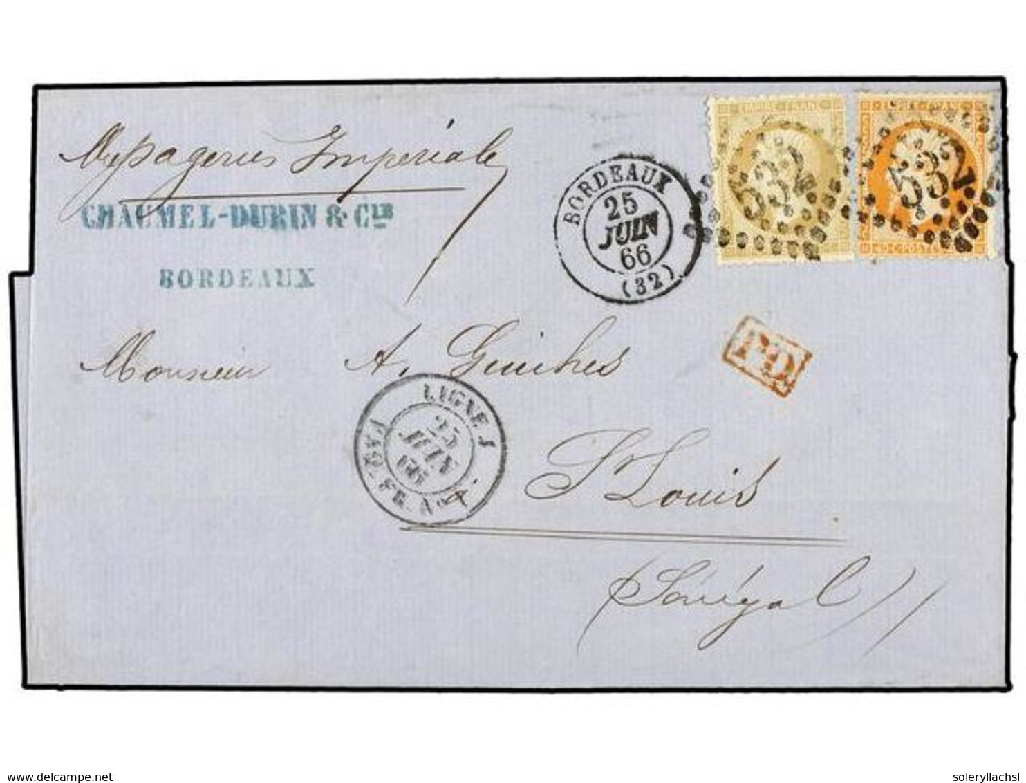 341 FRANCIA. 1866 (June 25). Cover From BORDEAUX To ST. LOUIS (Sénégal), Endorsed 'Messageries Imperiales', Franked By 1 - Other & Unclassified