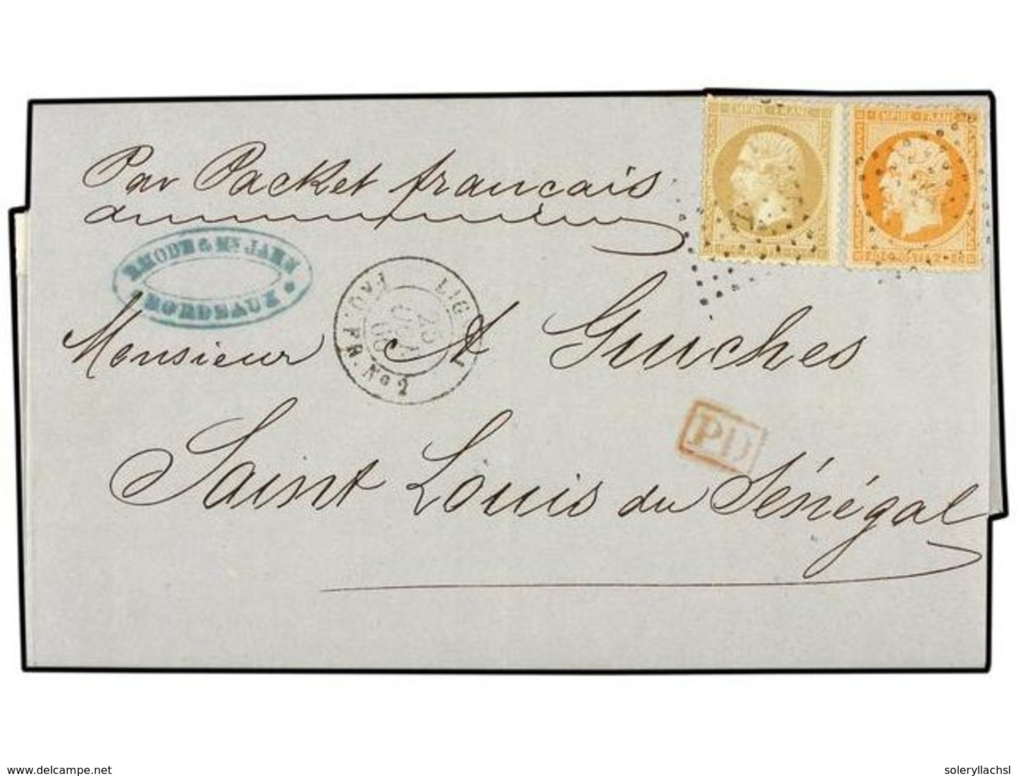 342 SENEGAL. Ce.21+23. 1866 (Oct 23). Entire Letter From BORDEAUX To SAINT LOUIS (Senegal) Franked By 1862 <B>10c.</B> B - Autres & Non Classés