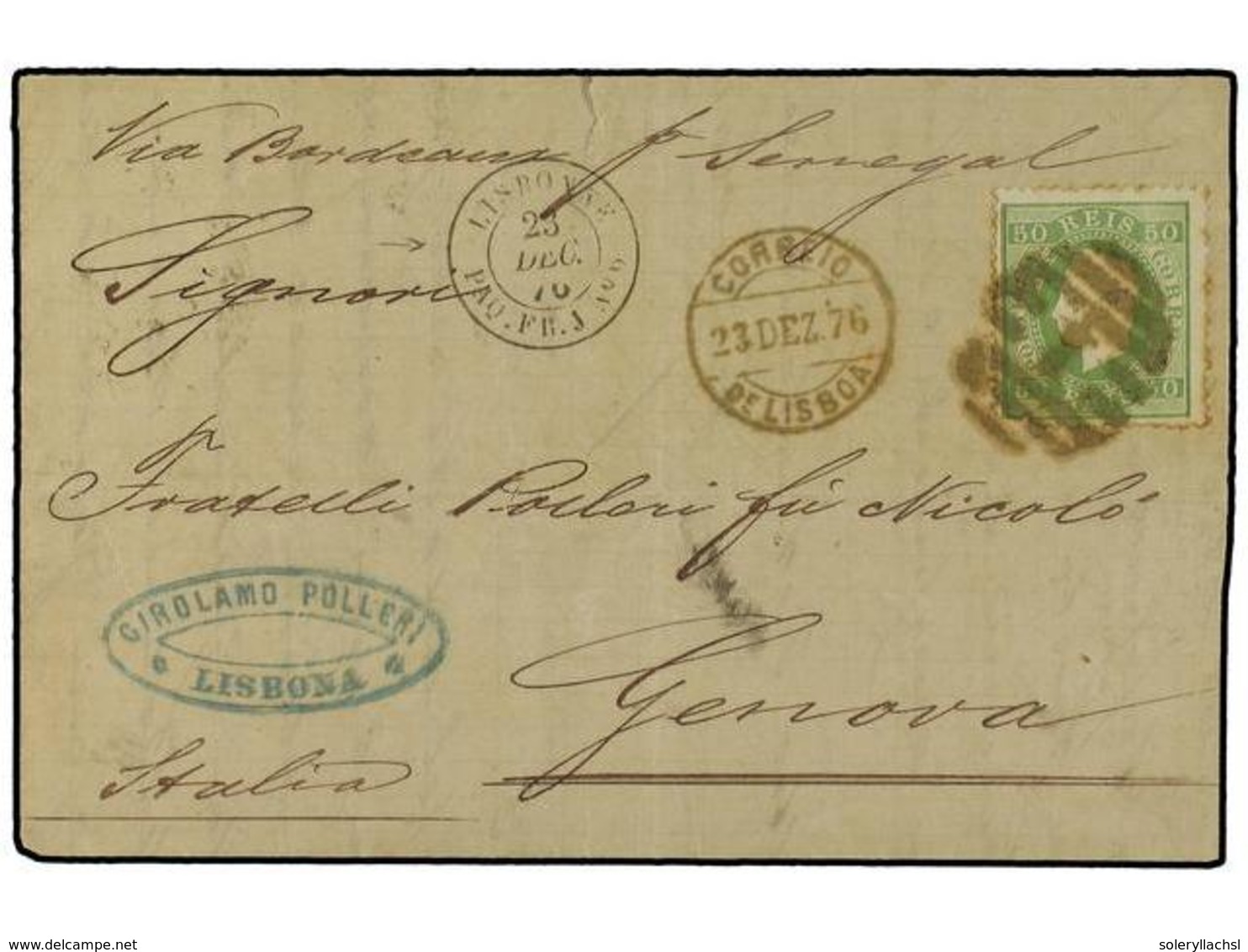 345 PORTUGAL. 1876. LISBOA A GENOVA. <B>50 Reis</B> Verde (defecto De Origen). Fechador Maritimo Francés <B>LISBONNE / P - Autres & Non Classés