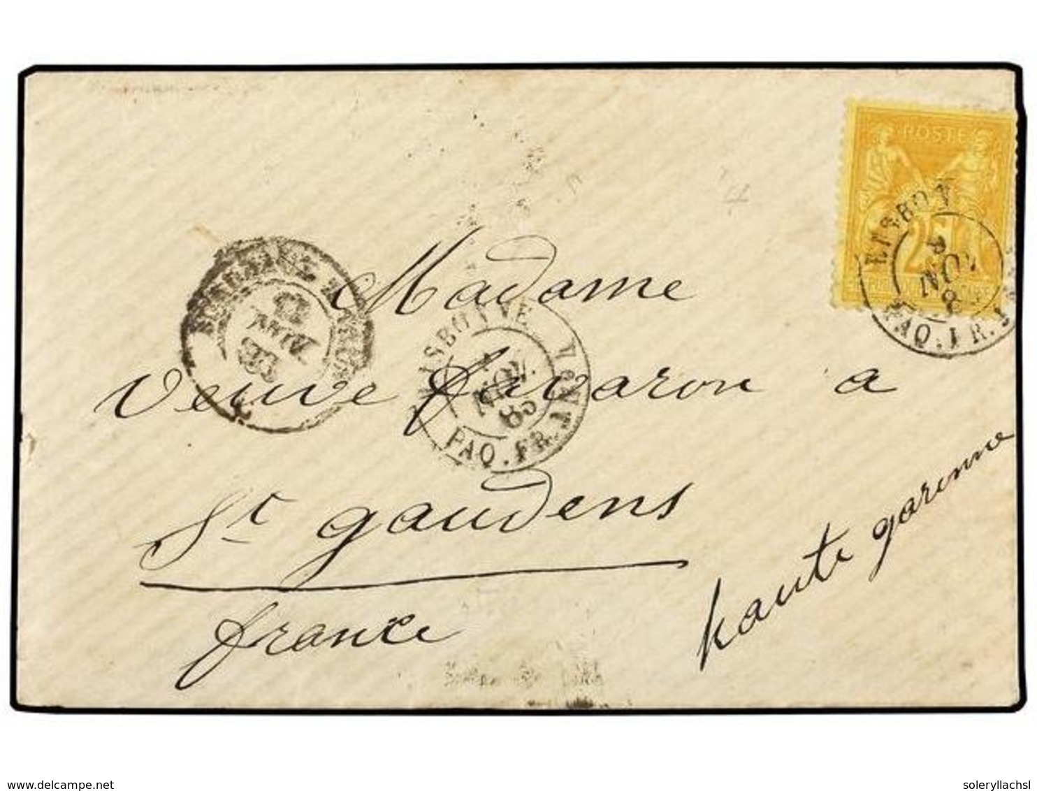 346 PORTUGAL. 1883. LISBOA A FRANCIA. Circulada Con Sello Francés De <B>25 Cts.</B> Amarillo. Mat. <B>LISBONNE/PAQ. FR.  - Other & Unclassified