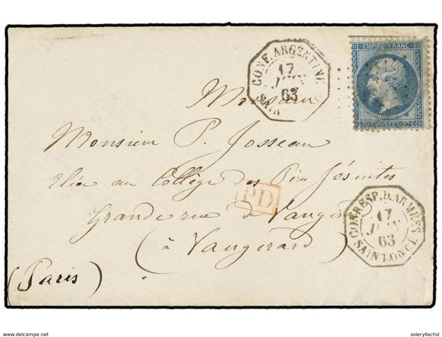 347 ARGENTINA. 1863. BUENOS AIRES A FRANCIA. Sobre Circulado Con Sello De <B>20 Cts.</B> Azul, Mat. <B>ANCLA</B>, Tarifa - Other & Unclassified