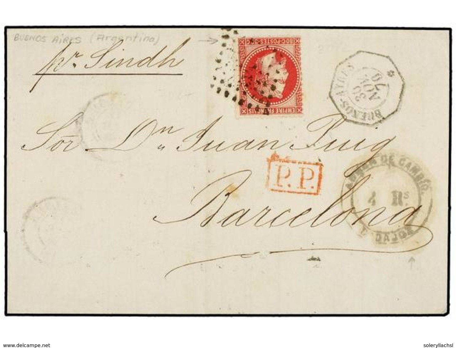 348 ARGENTINA. 1870. BUENOS AIRES A BARCELONA. Circulada Con Sello Francés De <B>80 Cts.</B> Carmín Y Fechador Octogonal - Andere & Zonder Classificatie