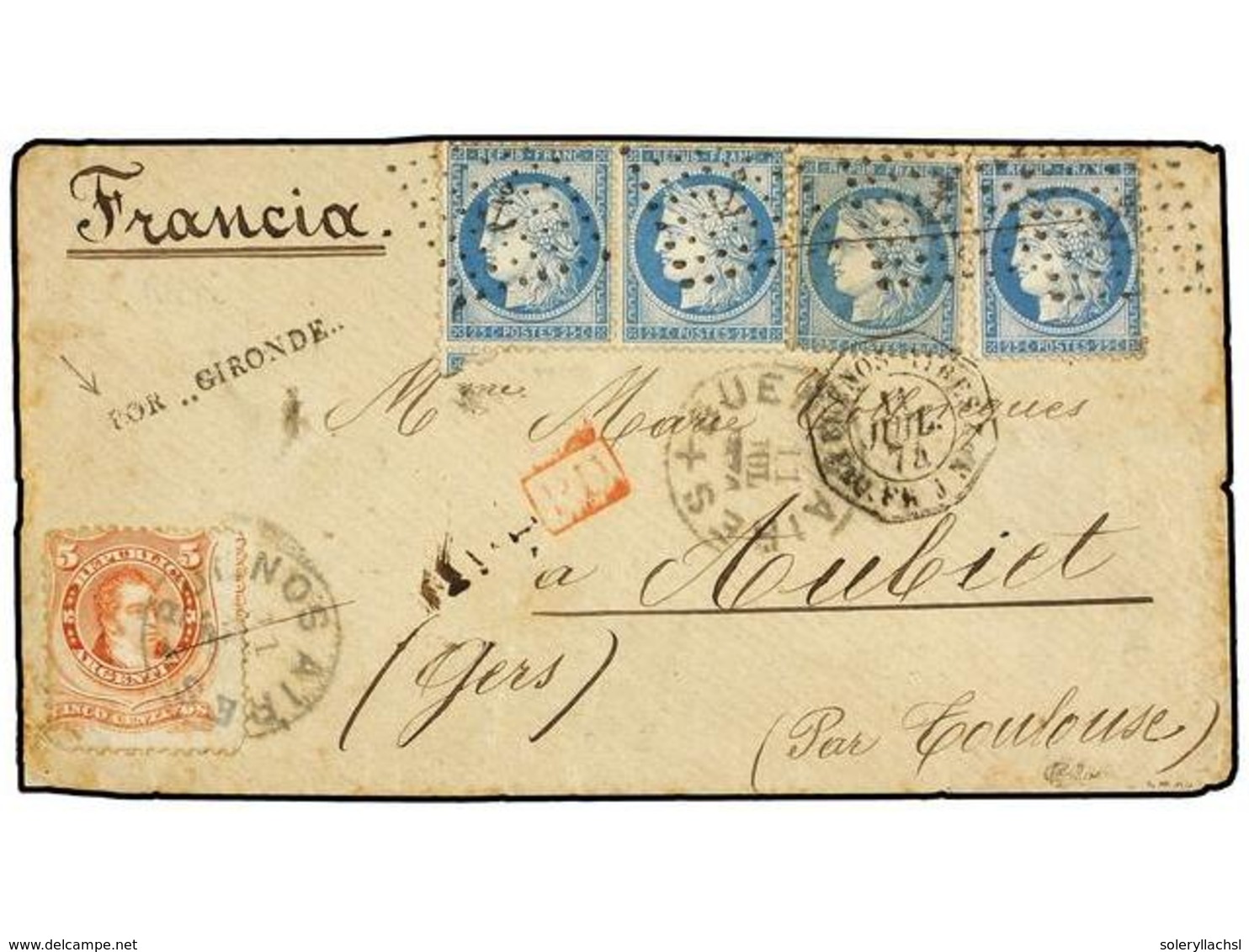 350 ARGENTINA. 1874. BUENOS AIRES A FRANCIA. Circulada Con Sello De <B>5 Cts.</B> Rojo De Argentina Y Cuatro Sellos Fran - Andere & Zonder Classificatie