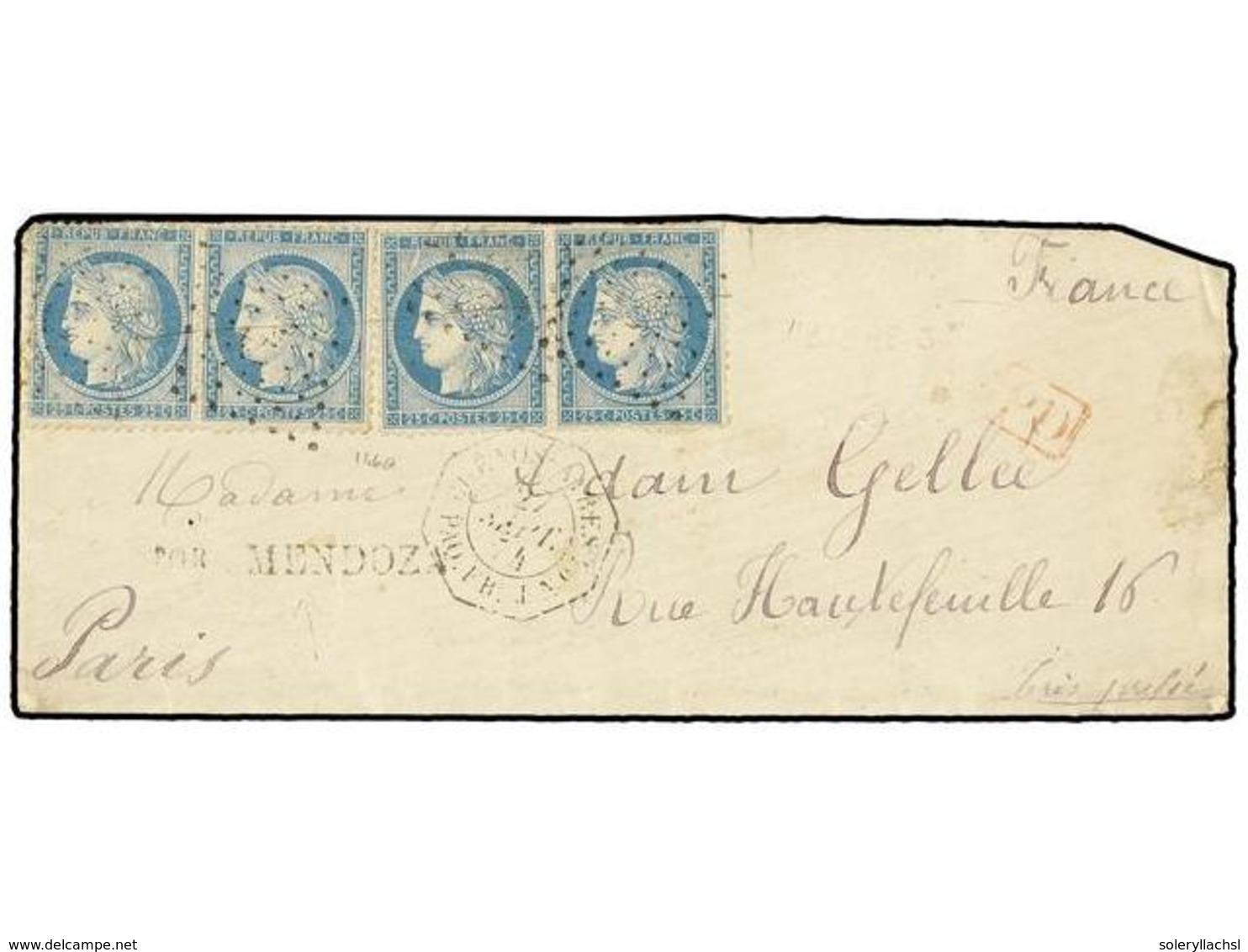 351 ARGENTINA. 1874. BUENOS AIRES A FRANCIA. Circulada Con Cuatro Sellos Franceses De <B>25 Cts.</B> Azul, Mat. <B>ANCLA - Other & Unclassified