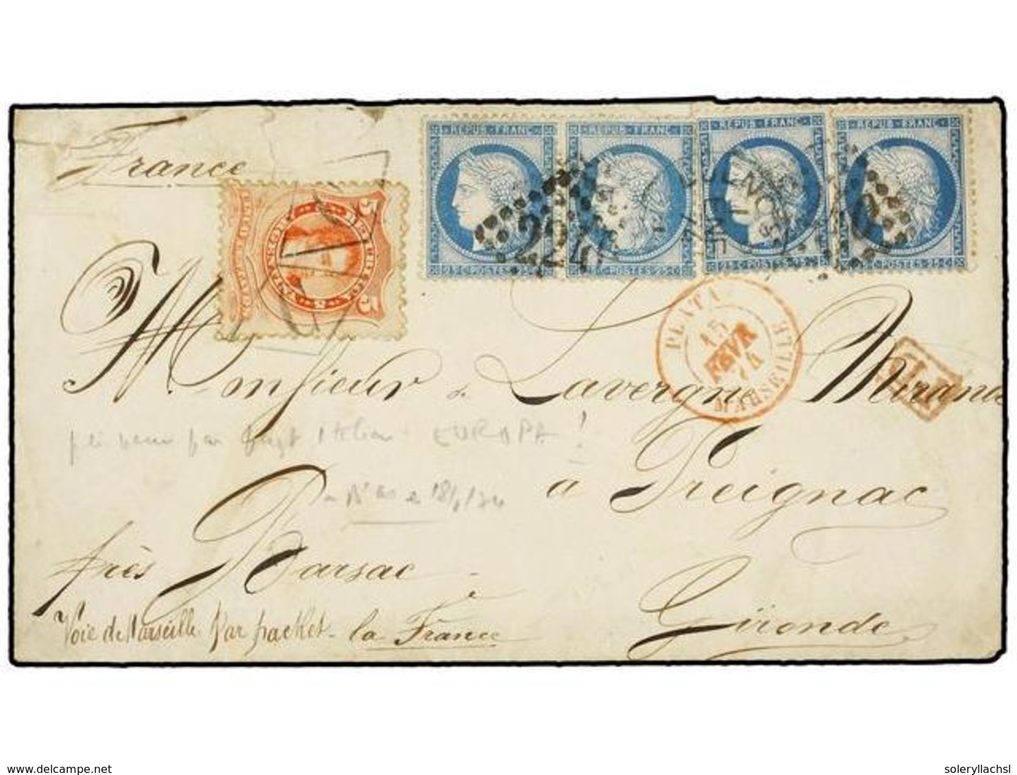 352 ARGENTINA. 1874. BUENOS AIRES A FRANCIA. Circulada Con Sello De <B>5 Cts.</B> Rojo De Argentina Con Mat. <B>'C'</B>  - Autres & Non Classés