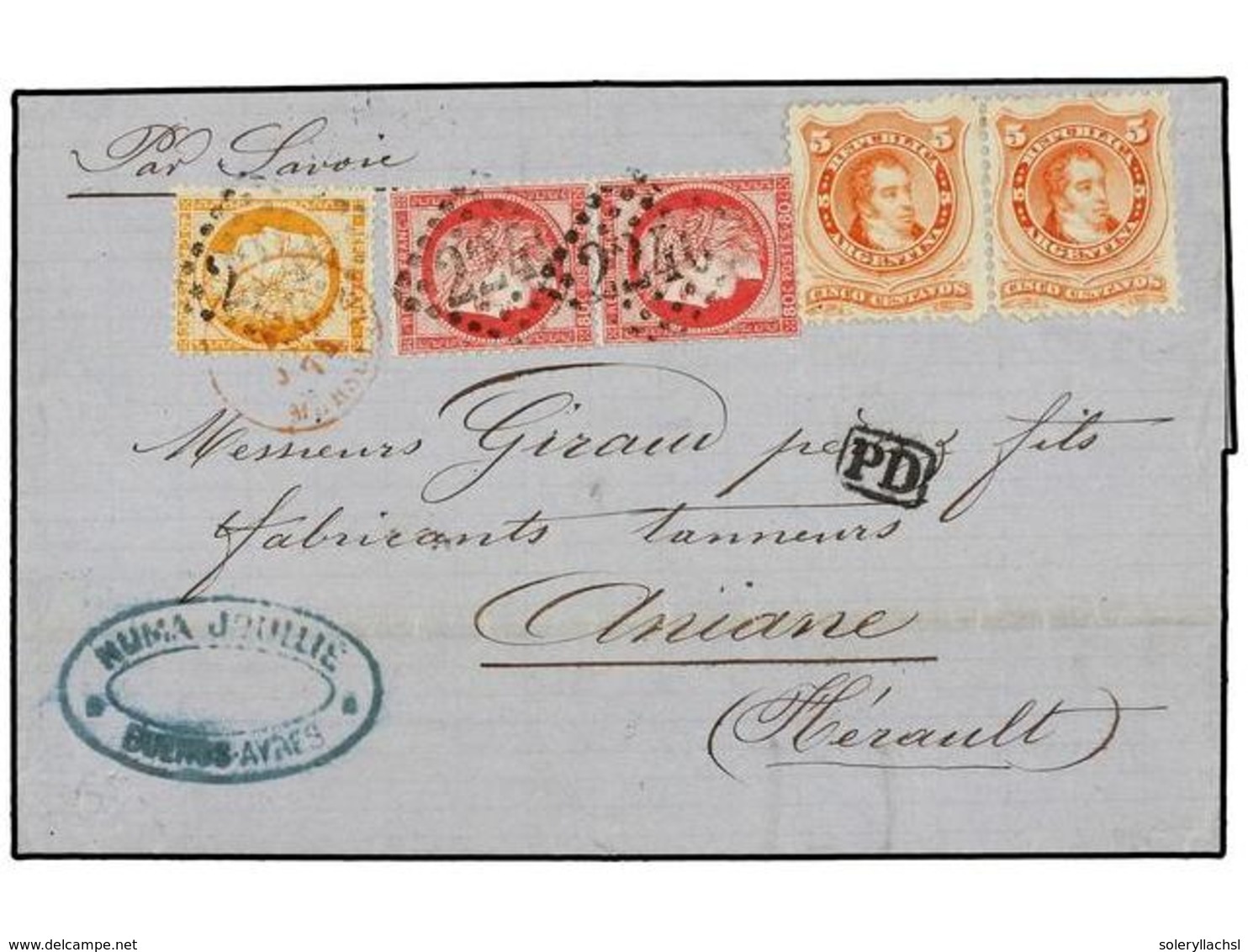 353 ARGENTINA. 1874. BUENOS AYRES A FRANCIA. Circulada Con Sellos De <B>5 Cts.</B> Rojo (2) De Argentina Y Sellos France - Autres & Non Classés