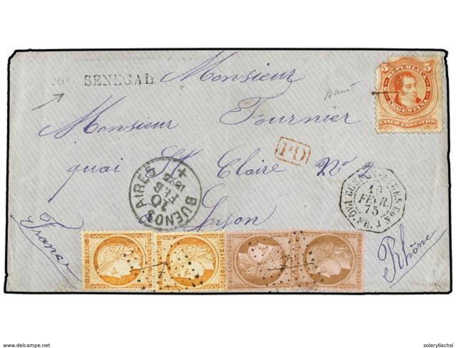 355 ARGENTINA. 1875. BUENOS AIRES A FRANCIA. Circulada Con Sello De <B>5 Cts.</B> Rojo De Argentina (defecto) Con Mat. < - Andere & Zonder Classificatie