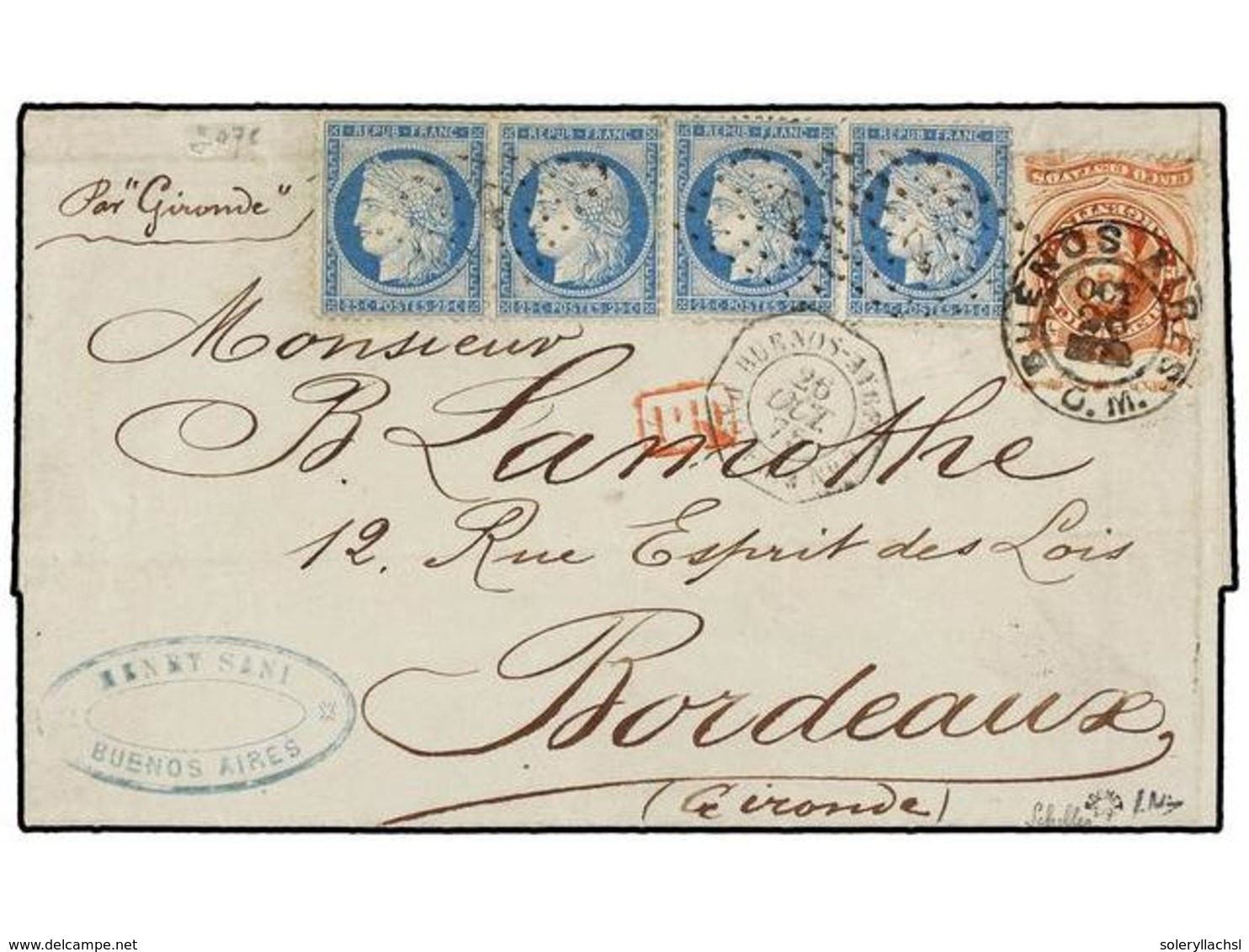 356 ARGENTINA. 1875. BUENOS AYRES A FRANCIA. <B>5 Cts.</B> Naranja, Mixto Con Cuatro Sellos Franceses De <B>25 Cts.</B>, - Sonstige & Ohne Zuordnung