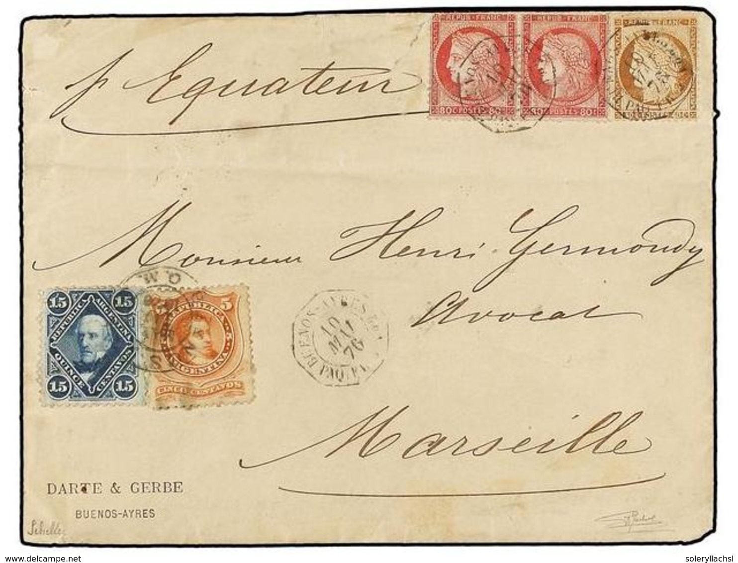 357 ARGENTINA. 1876. BUENOS AIRES A MARSELLA (Francia). Sobre Circulado Con Sellos Argentinos De <B>5 Cts.</B> Rojo Y <B - Other & Unclassified