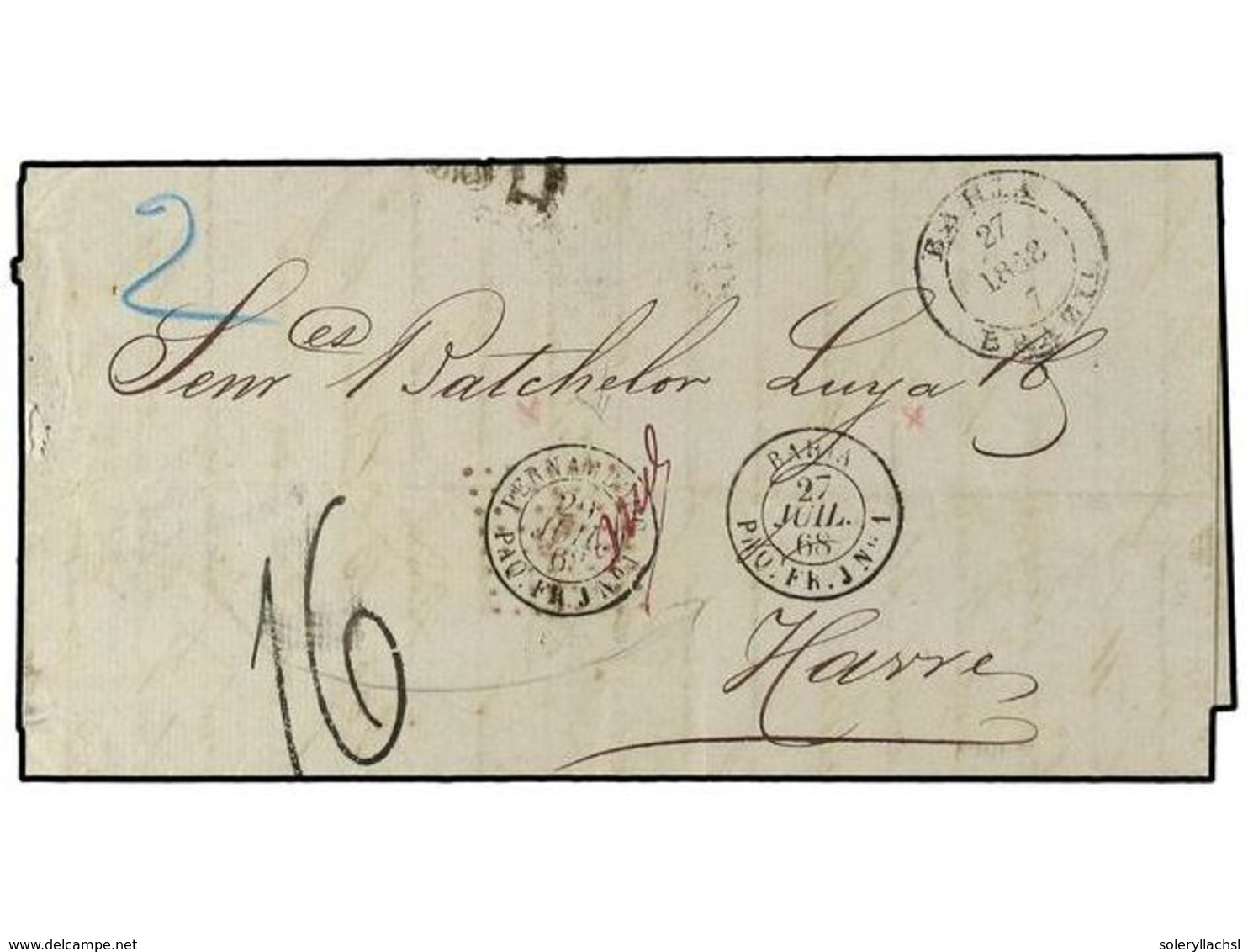 360 BRASIL. 1868. BAHIA A FRANCIA. Fechador Marítimo Francés<B> PERNAMBUCO/PAQ. FR. J Nº.1</B> Anulado Por Un <B>ROMBO D - Other & Unclassified