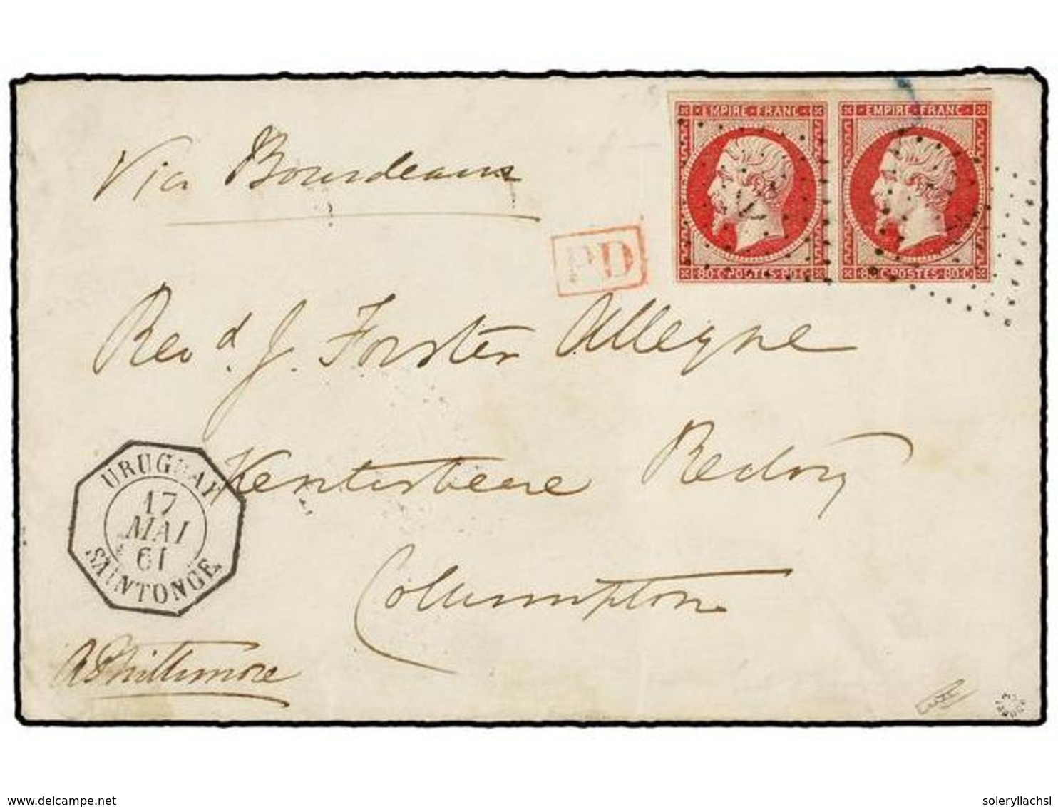 361 URUGUAY. 1861. MONTEVIDEO A GRAN BRETAÑA. Circulado Con Sellos Franceses De <B>80 Cts.</B> Carmín (margen Inferior A - Autres & Non Classés