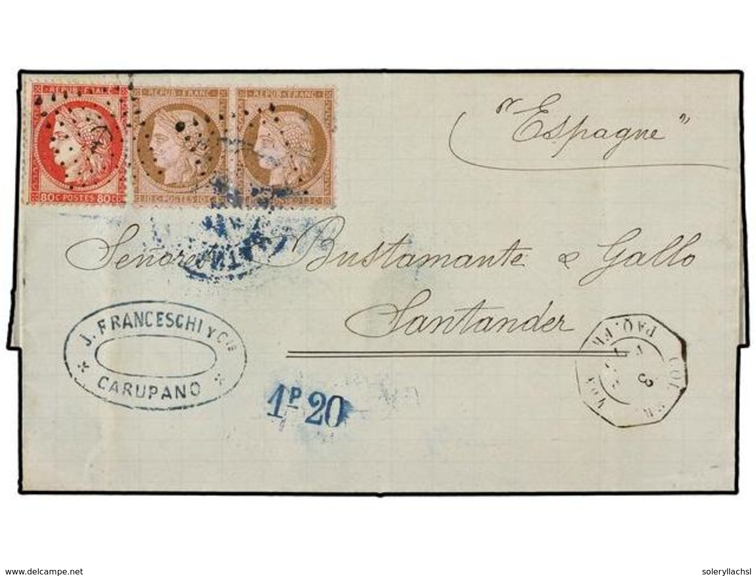 364 VENEZUELA. 1876 (3 Abril). CARUPANO (Venezuela) A SANTANDER (España). Circulada Con Sellos De Francia De <B>10 Cts.< - Autres & Non Classés