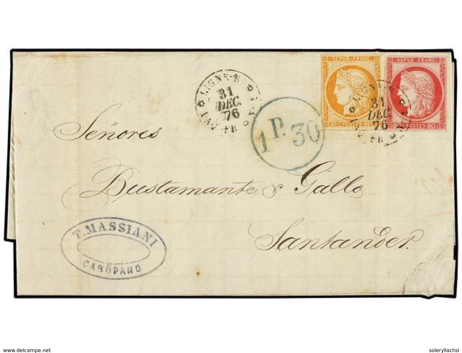 365 VENEZUELA. 1876 (31 Diciembre). CARUPANO (Venezuela) A SANTANDER (España). Circulada Con Sellos De COLONIAS FRANCESA - Andere & Zonder Classificatie