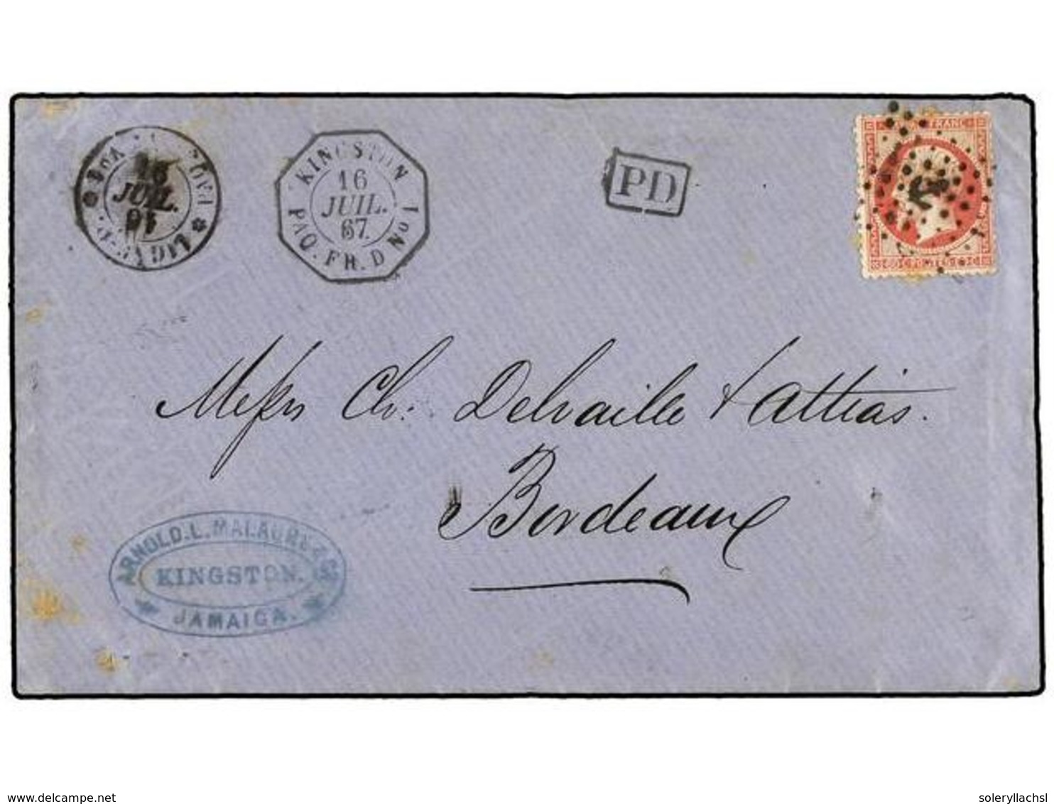 367 JAMAICA. 1867. JAMAICA To BORDEAUX (France). Envelope Franked With French <B>80 Cts.</B> Red Stamp With <B>ANCHOR</B - Autres & Non Classés