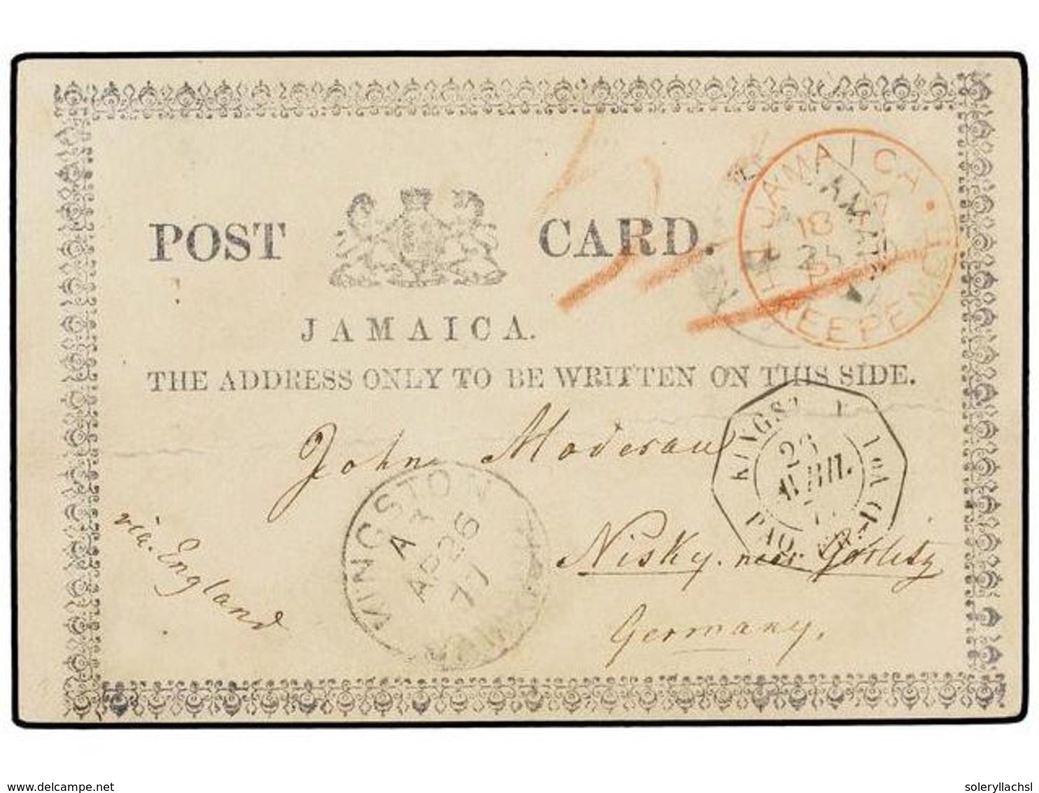 368 JAMAICA. 1877. BETHABARA (Jamaica) To GERMANY. Post Card With <B>JAMAICA/THREE PENCE/PAID</B> Cds. And French <B>KIN - Other & Unclassified