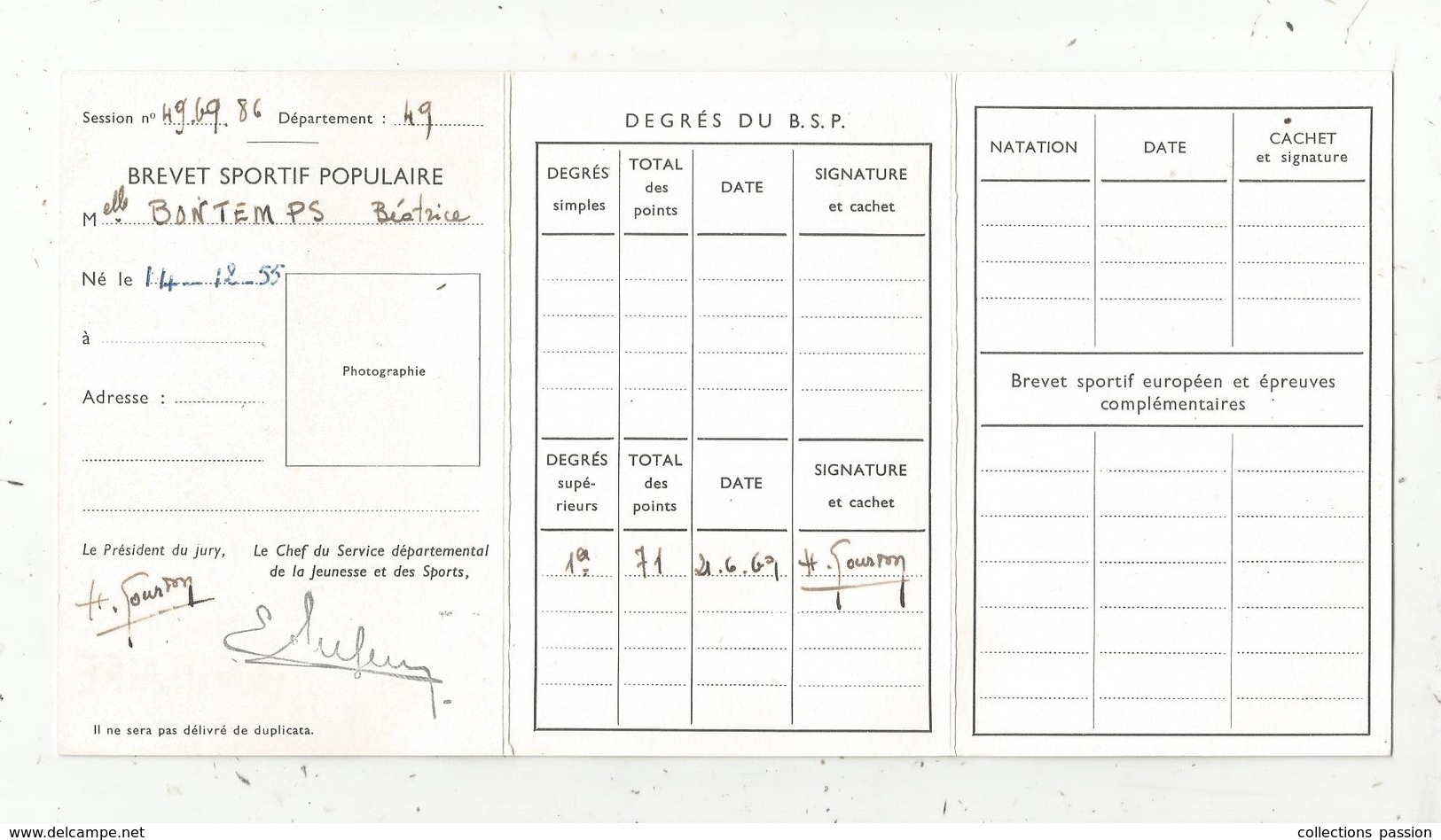 Brevet Sportif Populaire , 6 Pages , 1969 , Maine Et Loire , Frais Fr 1.45 E - Non Classés