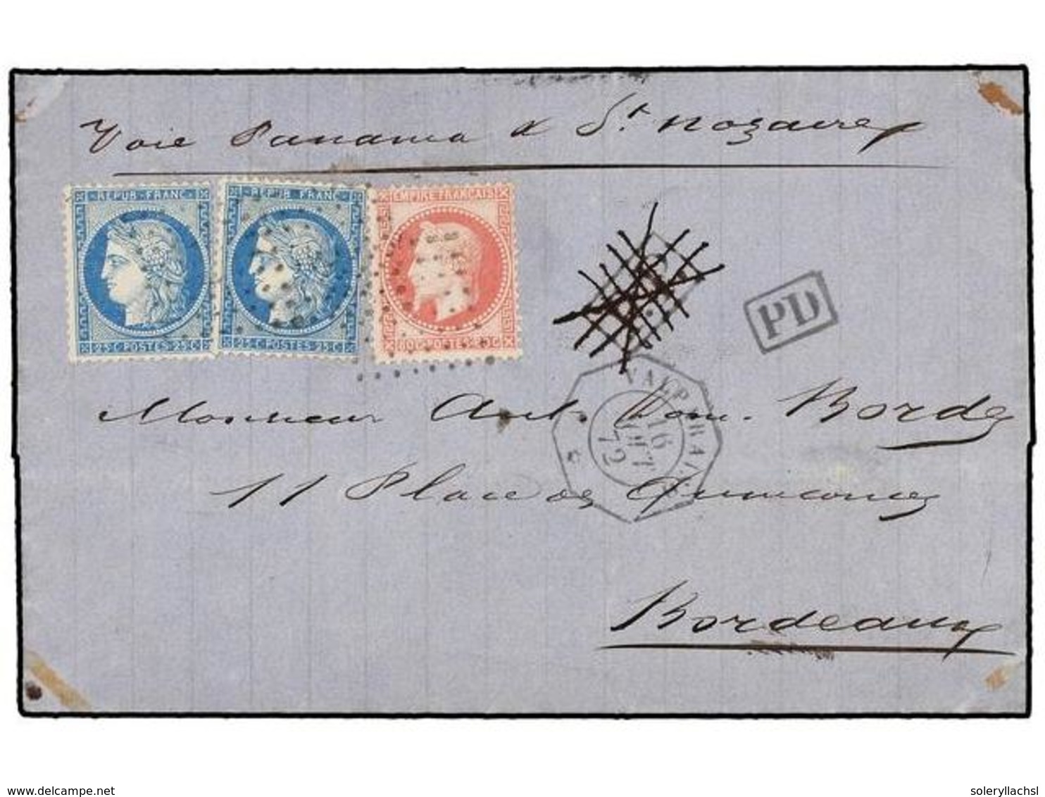 373 CHILE. 1872. VALPARAISO A BURDEOS. Circulada Con Sellos Franceses De <B>25 Cts.</B> Azul (2) Y <B>80 Cts.</B> Rosa,  - Autres & Non Classés