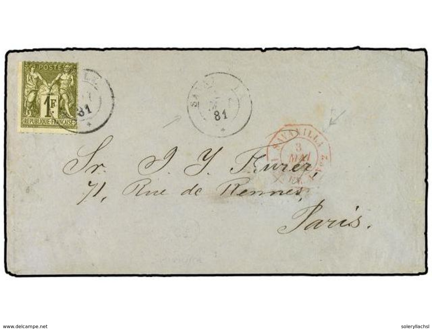 375 COLOMBIA. 1881. SANANILLA A FRANCIA. Circulada Con Sello Francés De <B>1 Fr.</B> Verde Mat. Fechador De La Agencia C - Autres & Non Classés