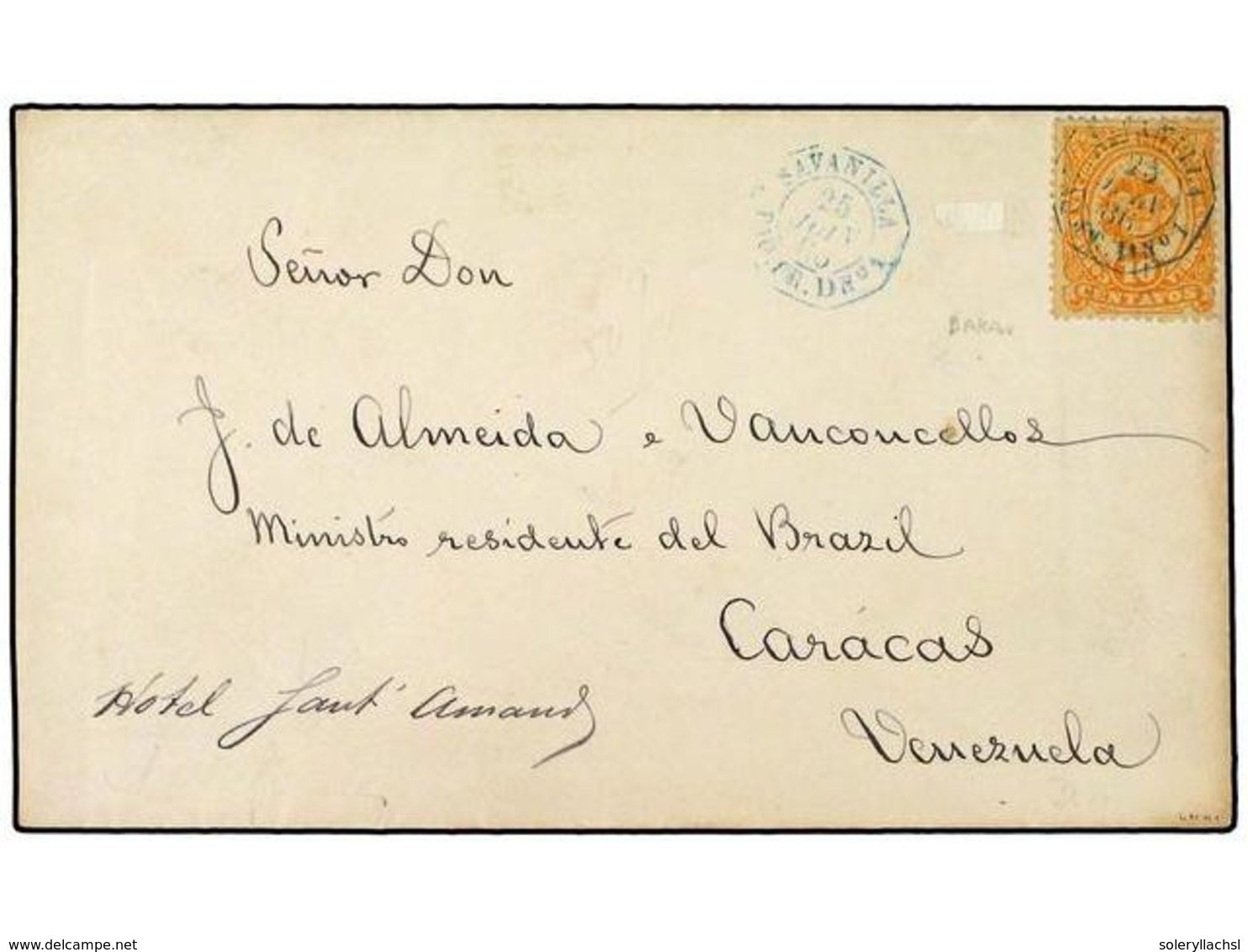 376 COLOMBIA. 1886. BARRANQUILLA A VENEZUELA. Circulada Con Sello De <B>10 Ctvos.</B> Naranja. Mat. Octogonal <B>SAVANIL - Other & Unclassified