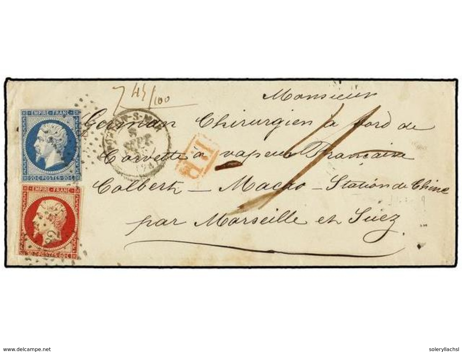 378 CHINA. 1855 (Septiembre). FRANCE To MACAO. Envelope With Full Contents To <I>'German Chirurgien A Bord De La Corvett - Other & Unclassified