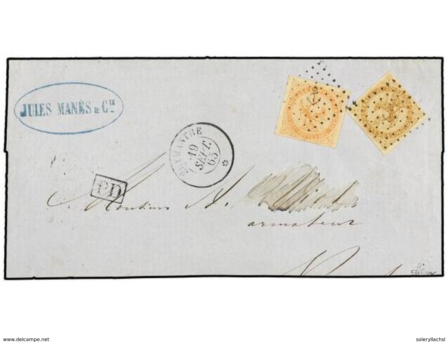 380 FRANCIA. 1865. INDIA A FRANCIA. Gran Fragmento De Carta Franqueada Con Sellos De Colonias De <B>10 Cts.</B> Y <B>40  - Other & Unclassified