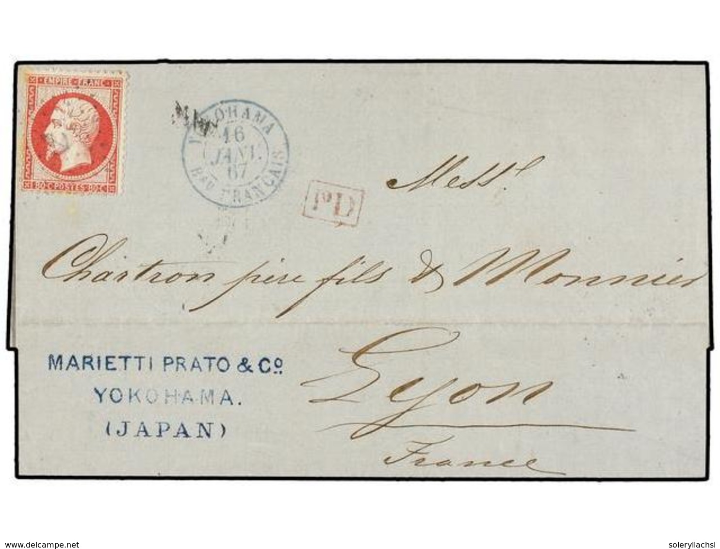 382 JAPON. 1867. YOKOHAMA A LYON. <B>INCENCIO DE LA OFICINA FRANCESA EN YOKOHAMA. </B>Carta Con Sello Francés De <B>80 C - Autres & Non Classés