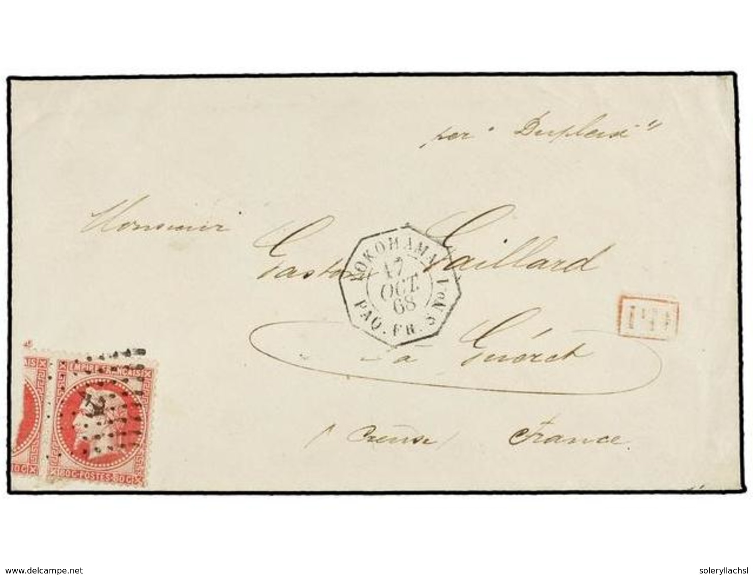 383 JAPON. 1868. YOKOHAMA A FRANCIA. Circulada Con Sello Francés De <B>80 Cts.</B> Rosa, Mat.<B> ANCLA</B> Y Fechador <B - Andere & Zonder Classificatie