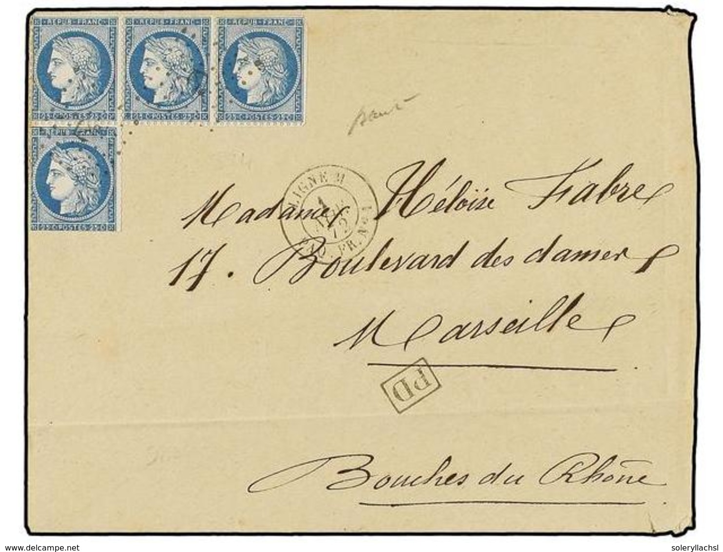 384 SINGAPUR. 1872. SINGAPUR To FRANCE. Envelope Franked With Four French Stamps Of <B>25 Cts.</B> Blue (perforations Cu - Autres & Non Classés