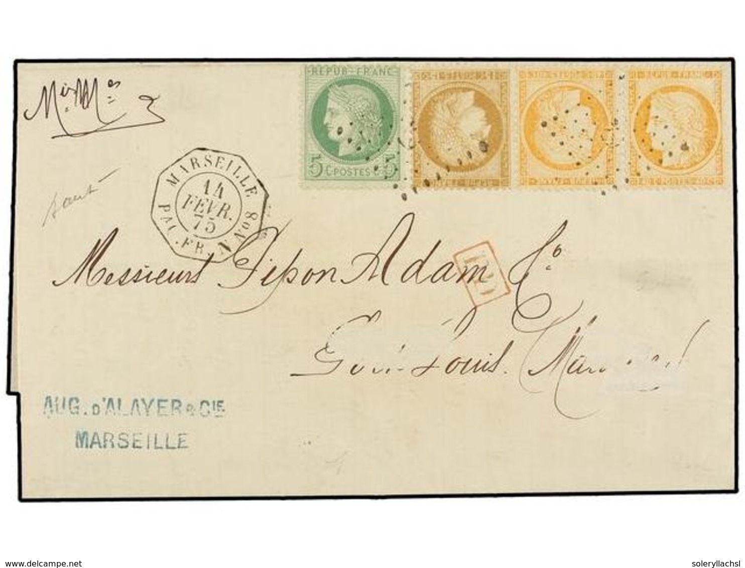 386 FRANCIA. Yv.38 (2), 53, 55. 1875. MARSEILLE A PORT LOUIS (Maurice). <B>5 Cts.</B> Verde, <B>15 Cts.</B> Bistre Y <B> - Other & Unclassified