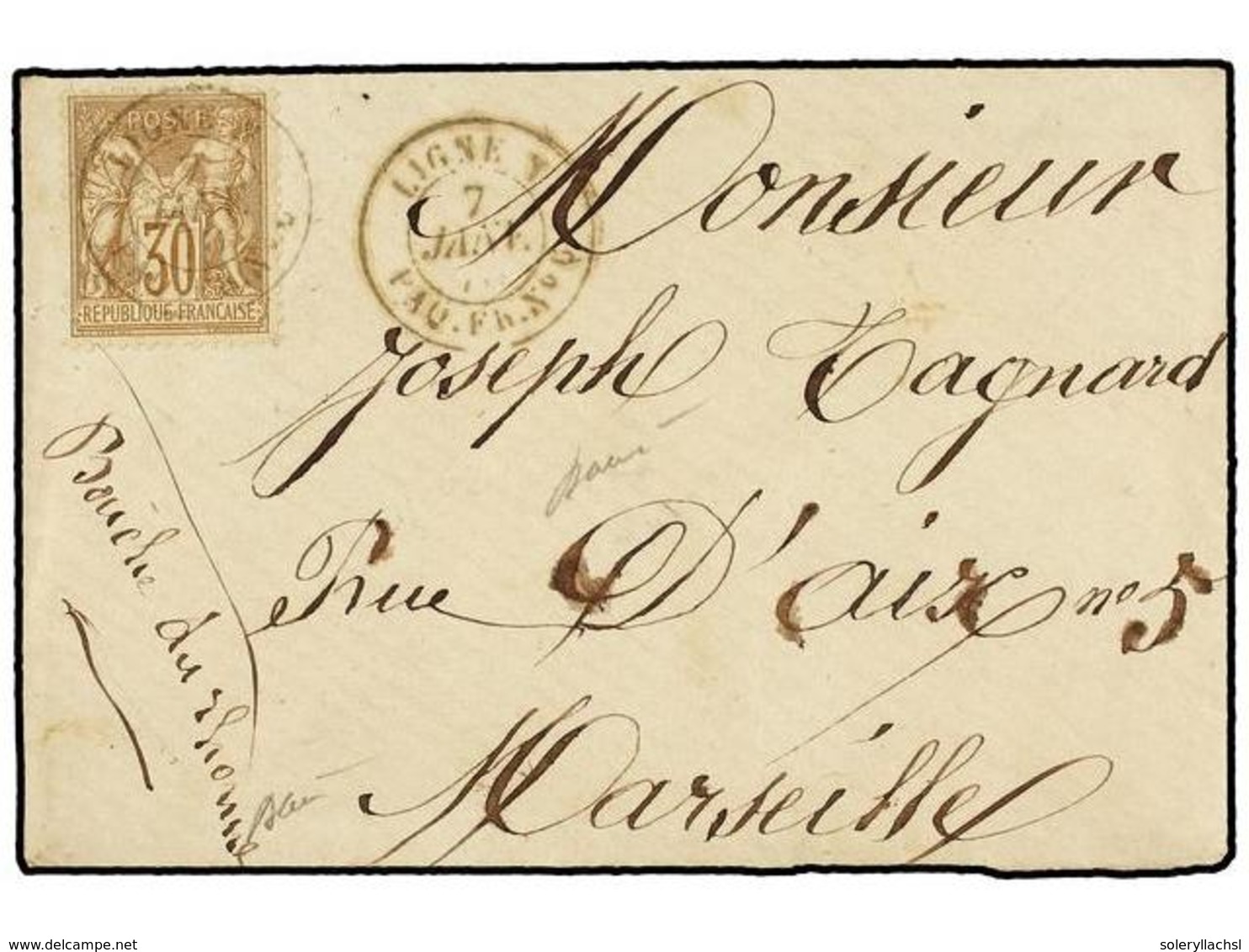 388 SINGAPUR. 1878. SINGAPUR A FRANCIA. Sobre Circulado Con Sello Francés De <B>30 Cts.</B> Castaño, Mat. <B>LIGNE N/PAQ - Andere & Zonder Classificatie