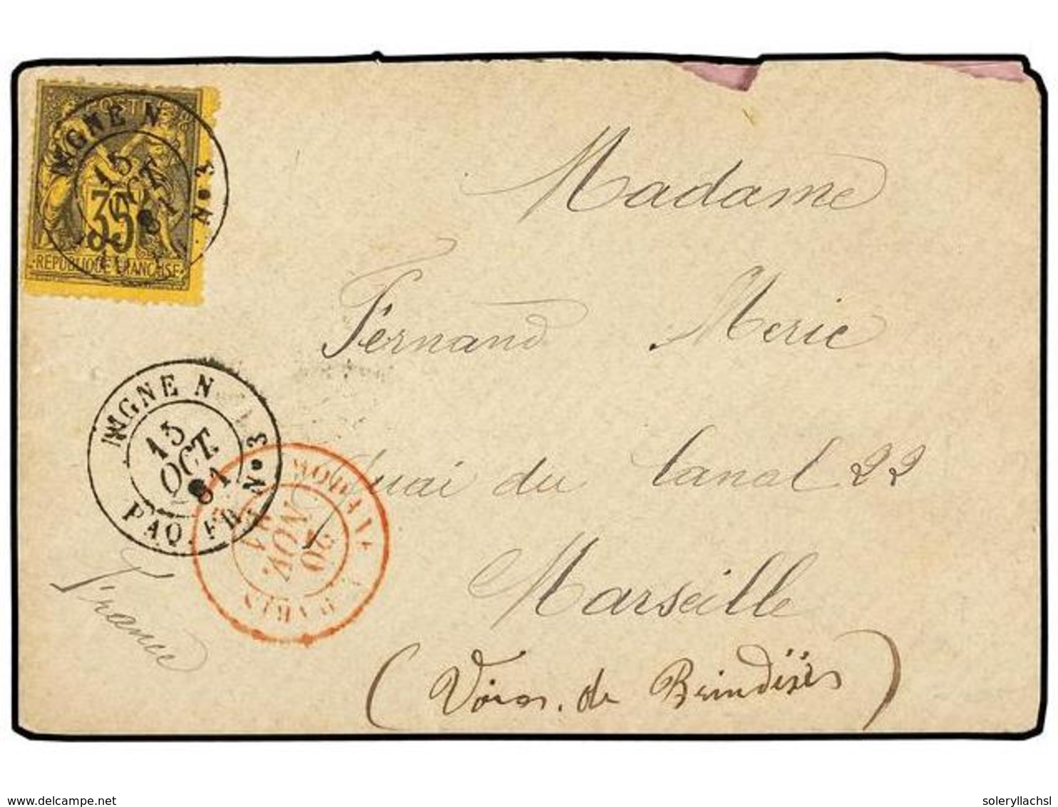 390 MALAYA. 1881. SINGAPORE To MARSEILLE. Envelope Franked <B>35c.</B> Sage, Cancelled <B>LIGNE N. PAQ. FR. No.3</B> Cds - Altri & Non Classificati