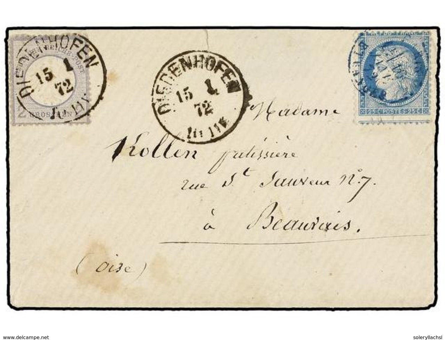 393 FRANCIA. 1872. <B>ALSACIA-LORENA.</B> DIEDENHOFEN A BEAUVAIS (Francia). Circulada Con Sello Alemán De <B>2 Gr.</B> A - Autres & Non Classés