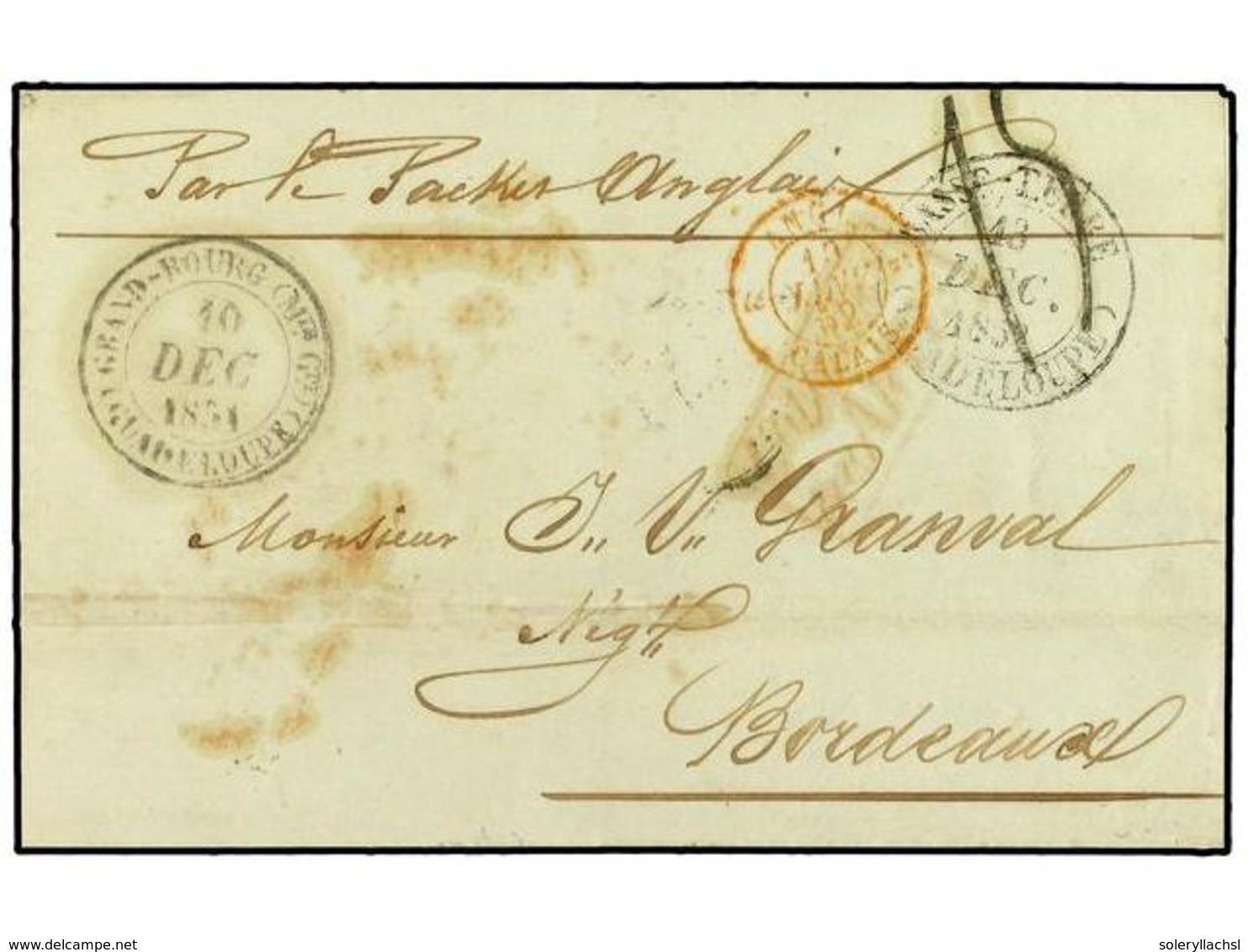 398 GUADALUPE. 1851. Stampless Envelope To France Cancelled By <B>GRAND-BOURG</B> Double Ring With<B> BASSE-TERRE</B> Tr - Autres & Non Classés