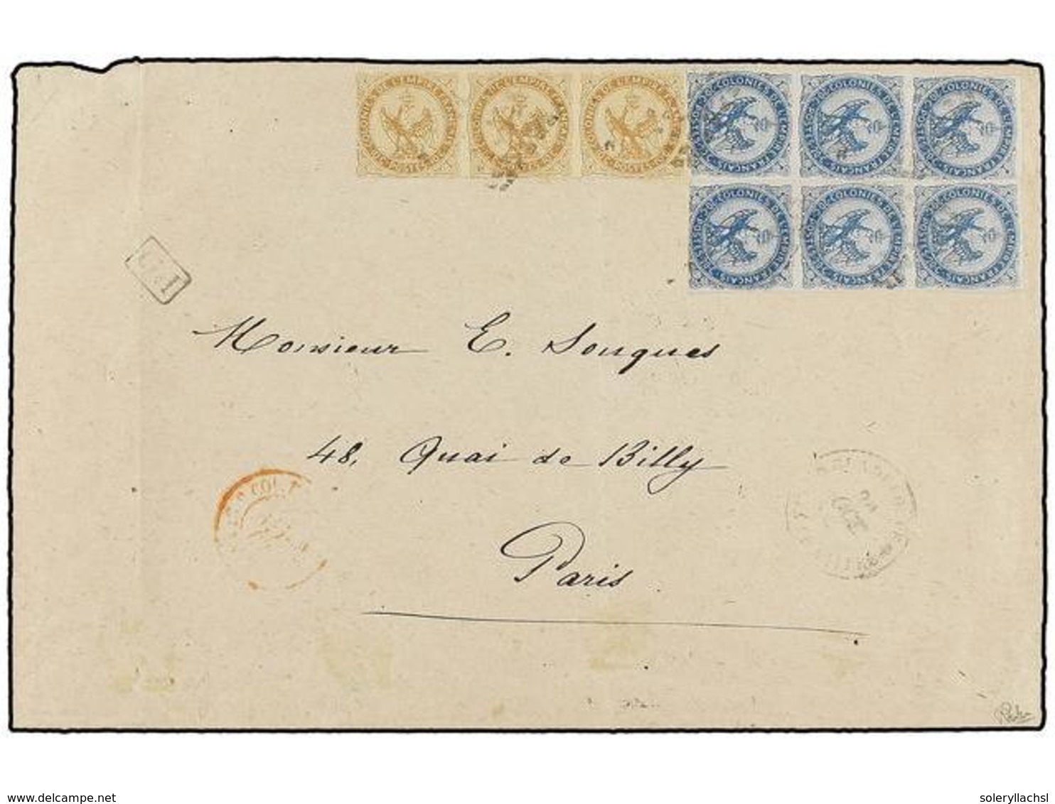 403 GUADALUPE. 1867. POINTE A PITRE A FRANCIA. <B>10 Cts.</B> Bistre, Tira De Tres Y <B>20 Cts.</B> Azul, Bloque De Seis - Autres & Non Classés