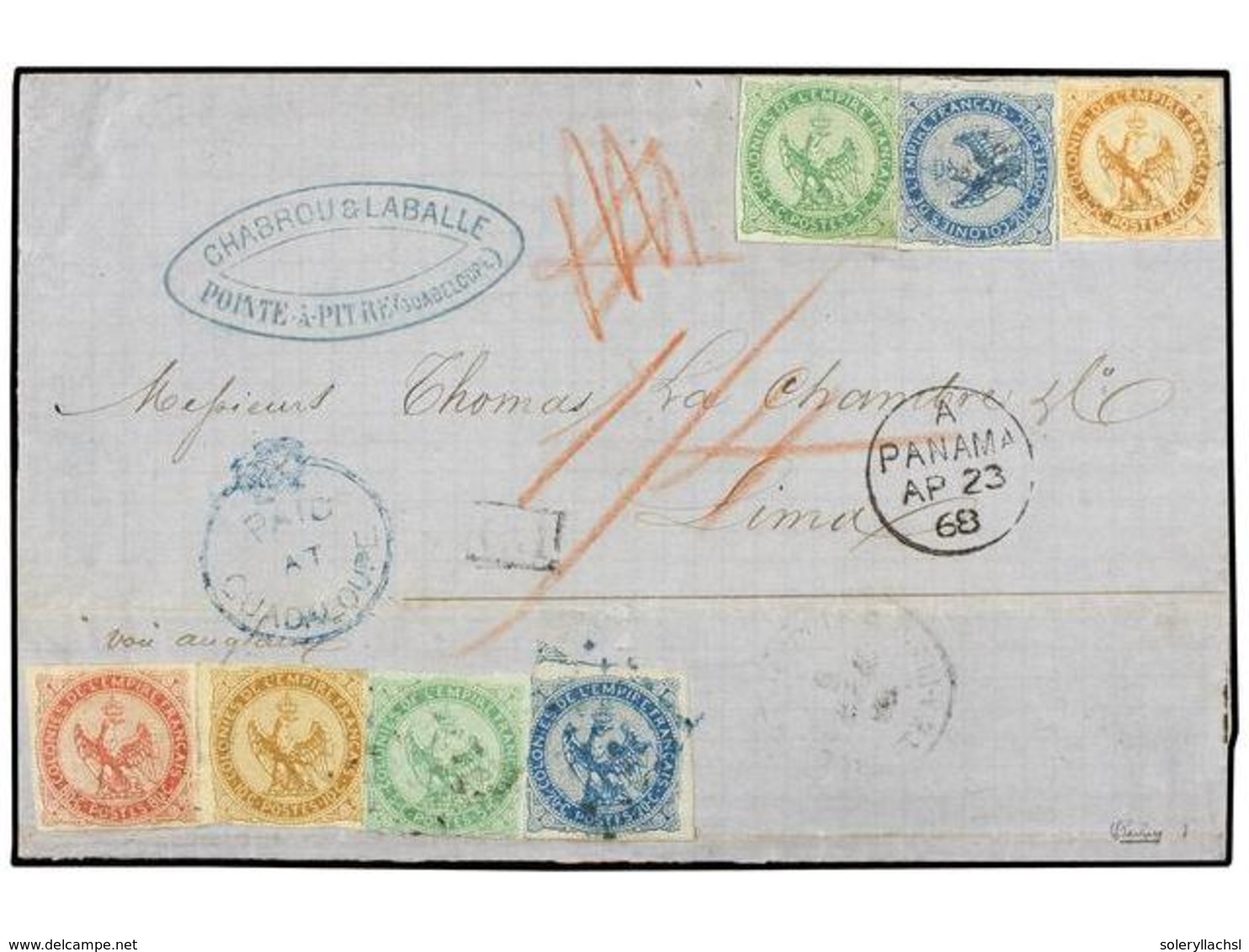 404 JAPON. Sc.2-6. 1868 (April 9). Cover From POINTE A PITRE To LIMA, Perú, Franked By Eagle Issue 1859-65 2 X <B>5 C.</ - Sonstige & Ohne Zuordnung