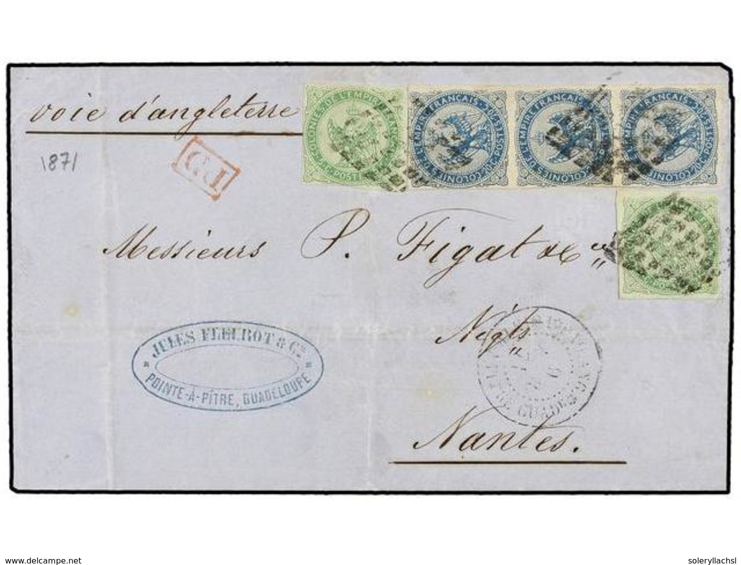 405 GUADALUPE. 1871. POINTE A PITRE A FRANCIA. <B>5 Cts.</B> Verde (2) Y <B>20 Cts.</B> Azul, Tira De Tres, Mat.<B> ROMB - Sonstige & Ohne Zuordnung