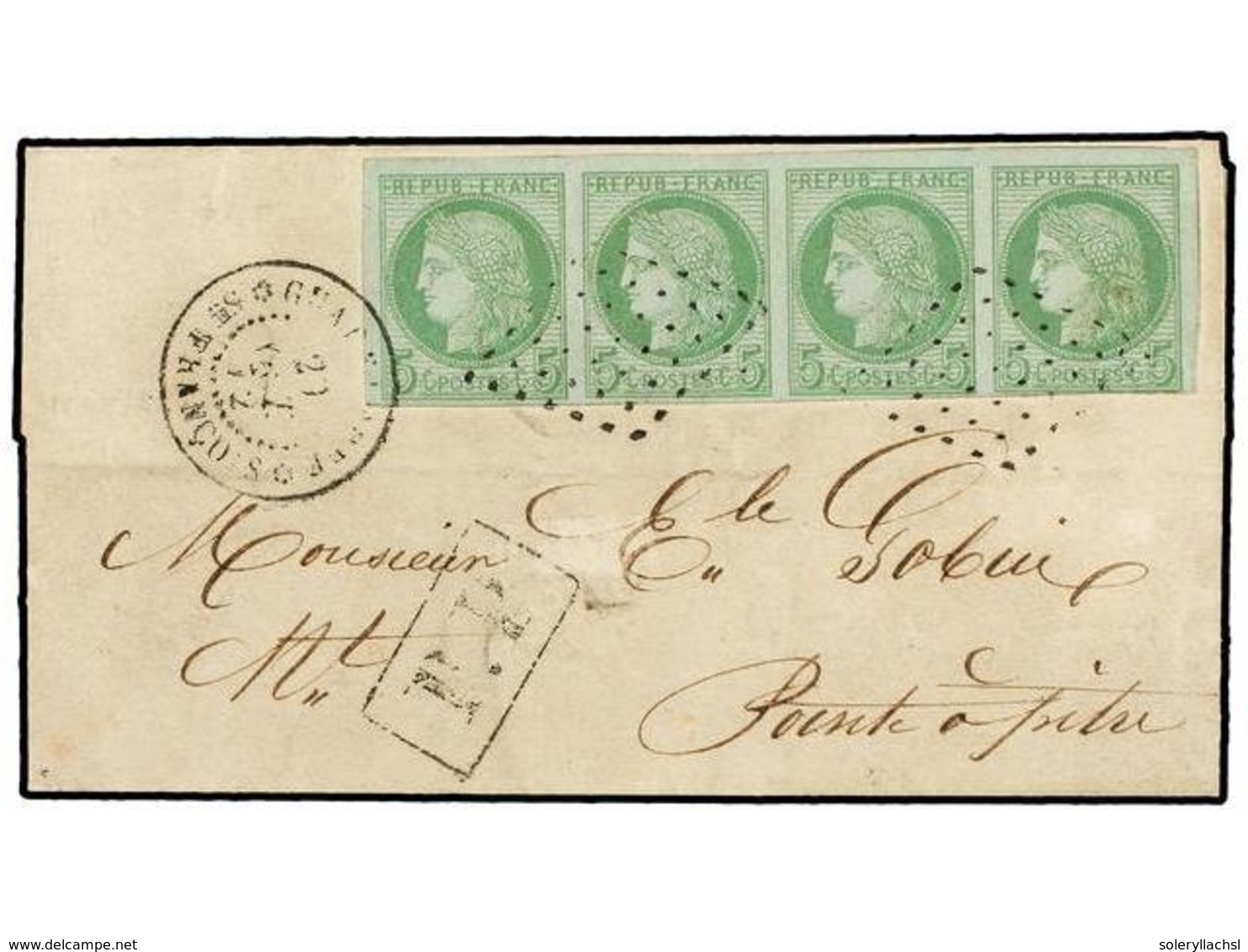 406 GUADALUPE. Ce.17. 1872. Internal Cover To POINTE A PITRE Franked By 1872/77 <B>5 C.</B> Green On Azure In An Attract - Sonstige & Ohne Zuordnung