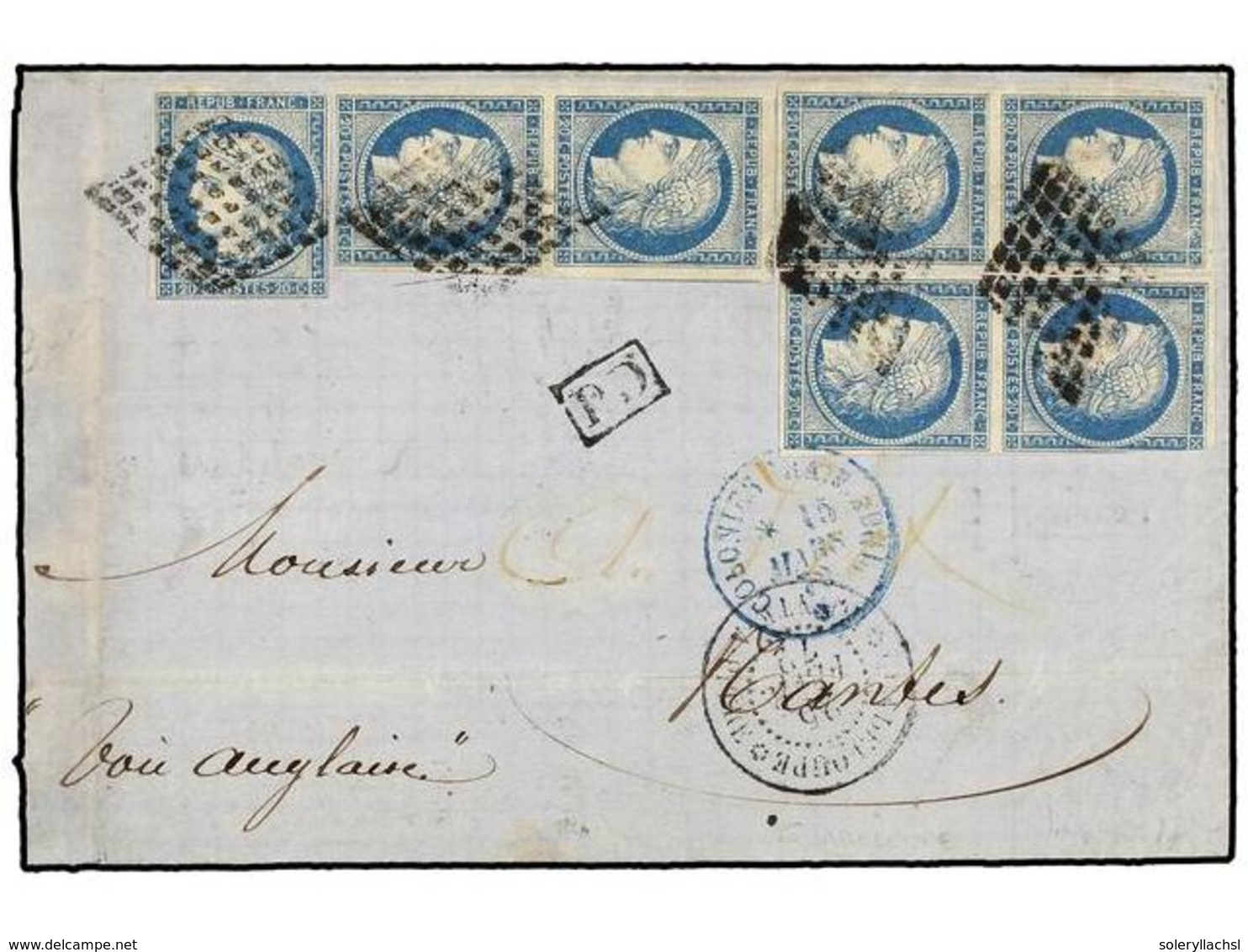 408 GUADALUPE. 1872. POINTE A PITRE A NÁPOLES. <B>20 Cts.</B> Azul (7), Mat.<B>PARRILLA,</B> Parte De La Dirección Borra - Sonstige & Ohne Zuordnung