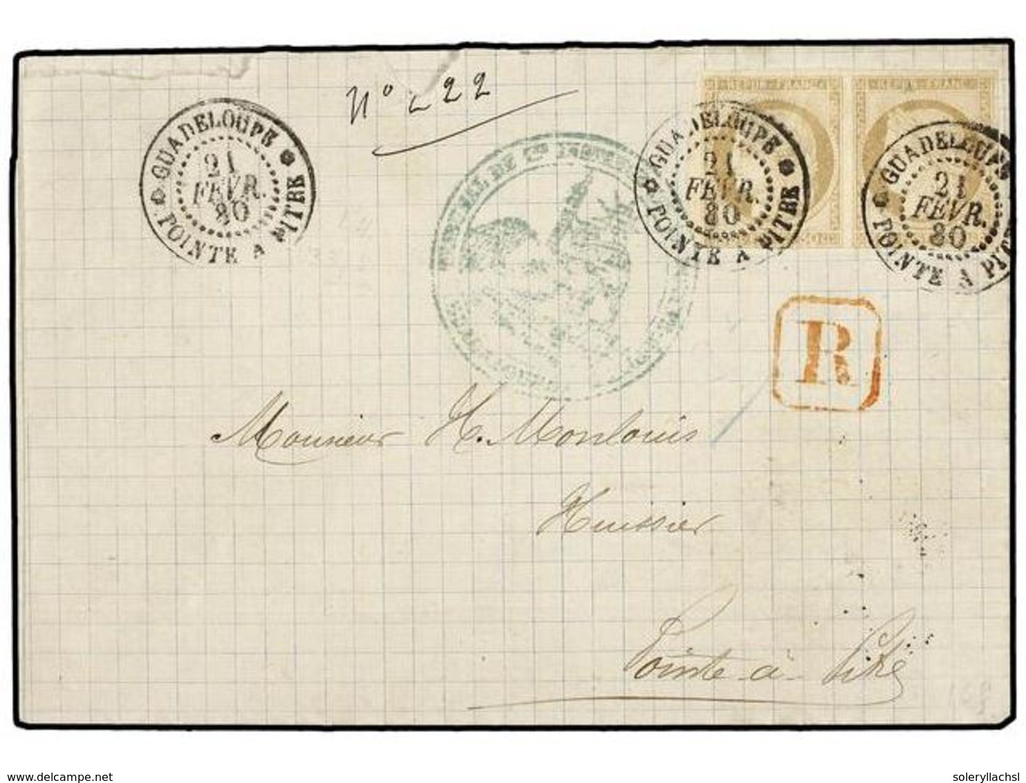 413 GUADALUPE. Ce.20. 1880 (Feb. 21). Internal Cover Sent Registered Within POINTE A PITRE Franked By Imperforate Ceres  - Autres & Non Classés