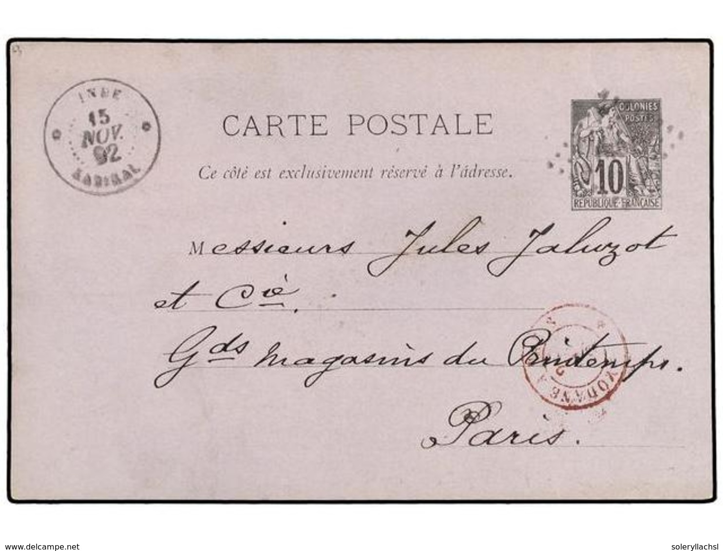 414 INDIA. 1892 (Nov 15). Colonies <B>10c.</B> Grey-black On Pale Lilac Postal Stationery Card Used To PARIS Cancelled B - Autres & Non Classés