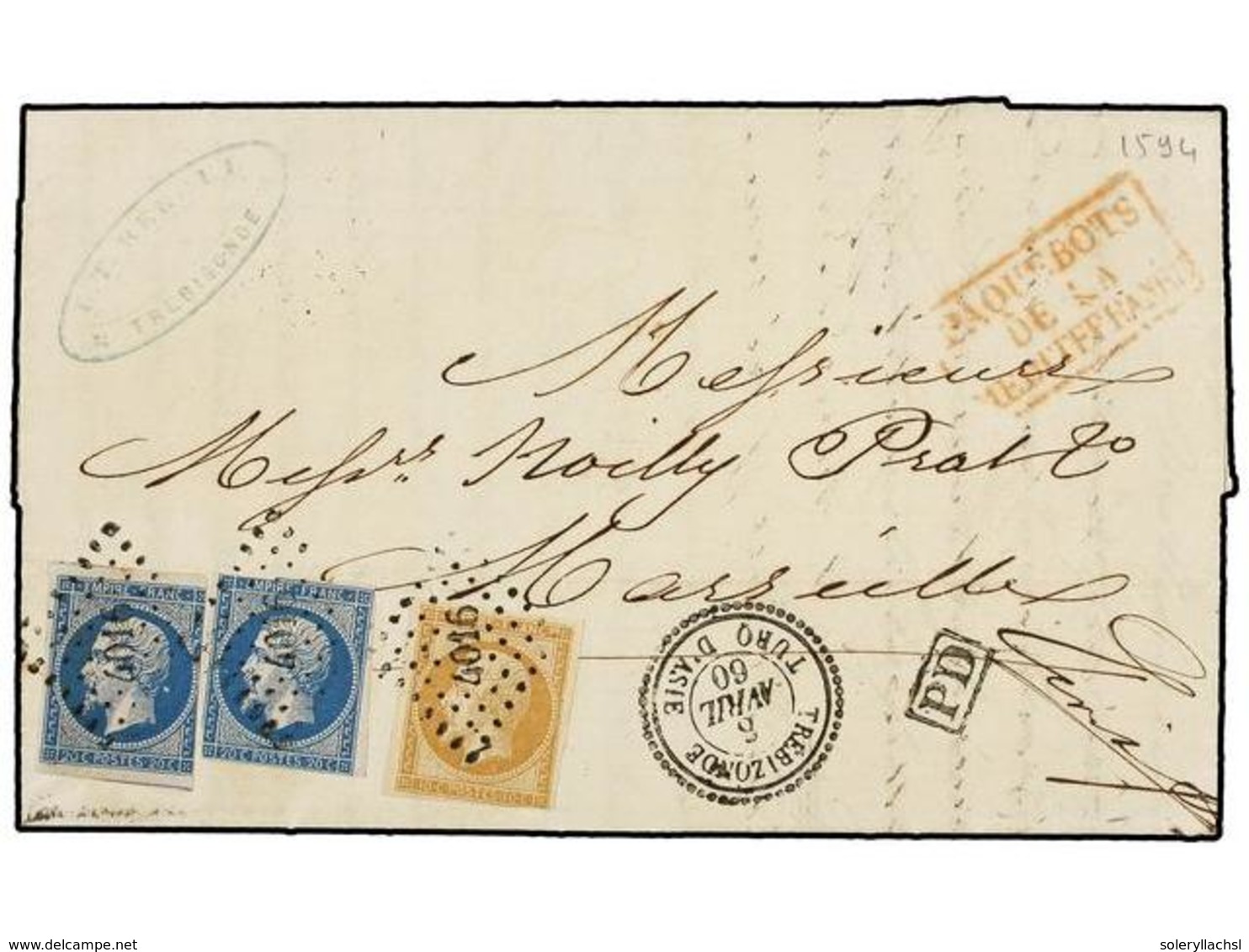 421 LEVANTE: CORREO FRANCES. 1860. TREBIZONDE To FRANCE. Entire Letter Franked With French <B>10 Cts.</B> Bister And <B> - Andere & Zonder Classificatie