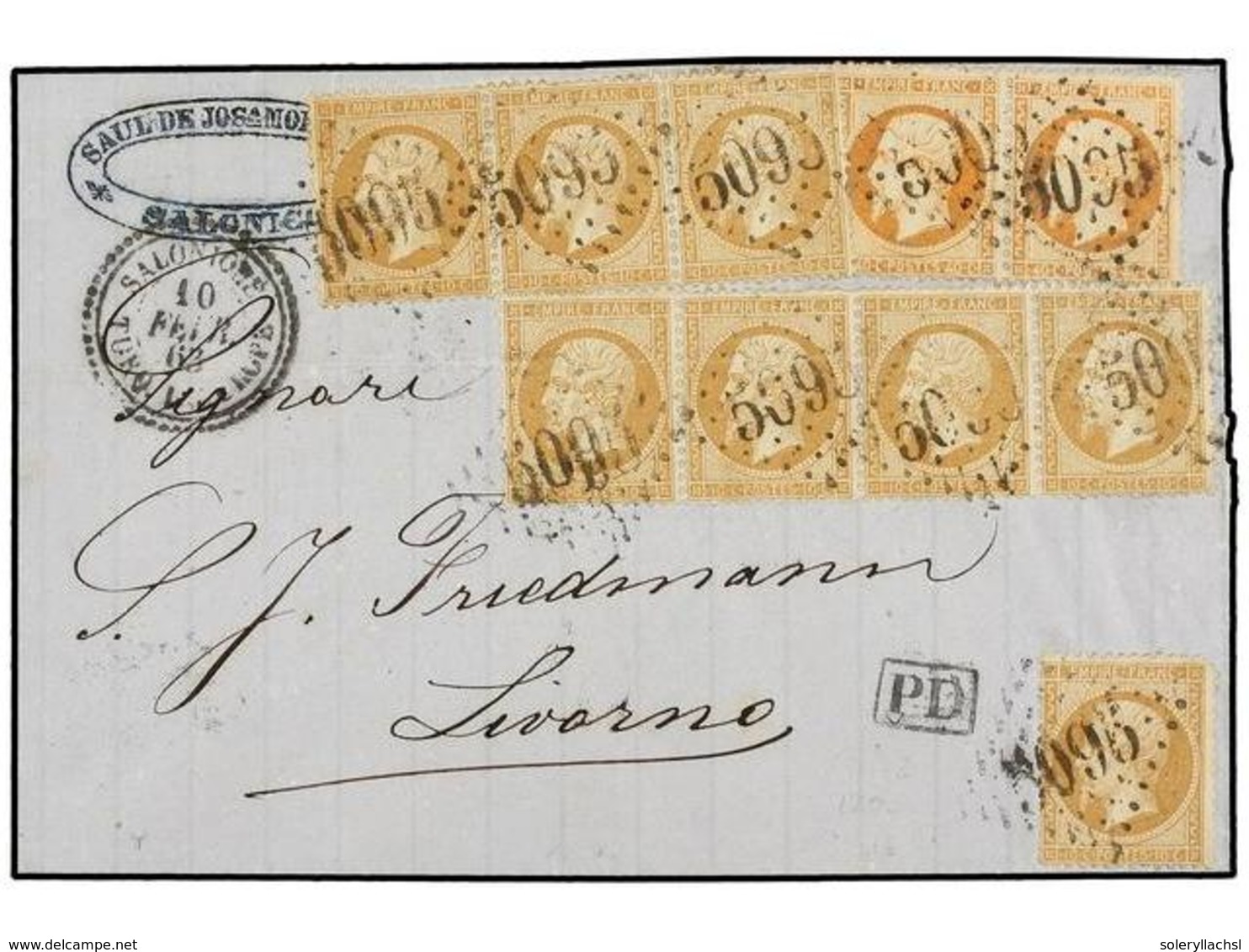 423 LEVANTE: CORREO FRANCES. 1863. SALONIQUE To LIVORNO (Italy). Folded Letter Franked With Eight <B>10 Cts. </B>bister  - Autres & Non Classés