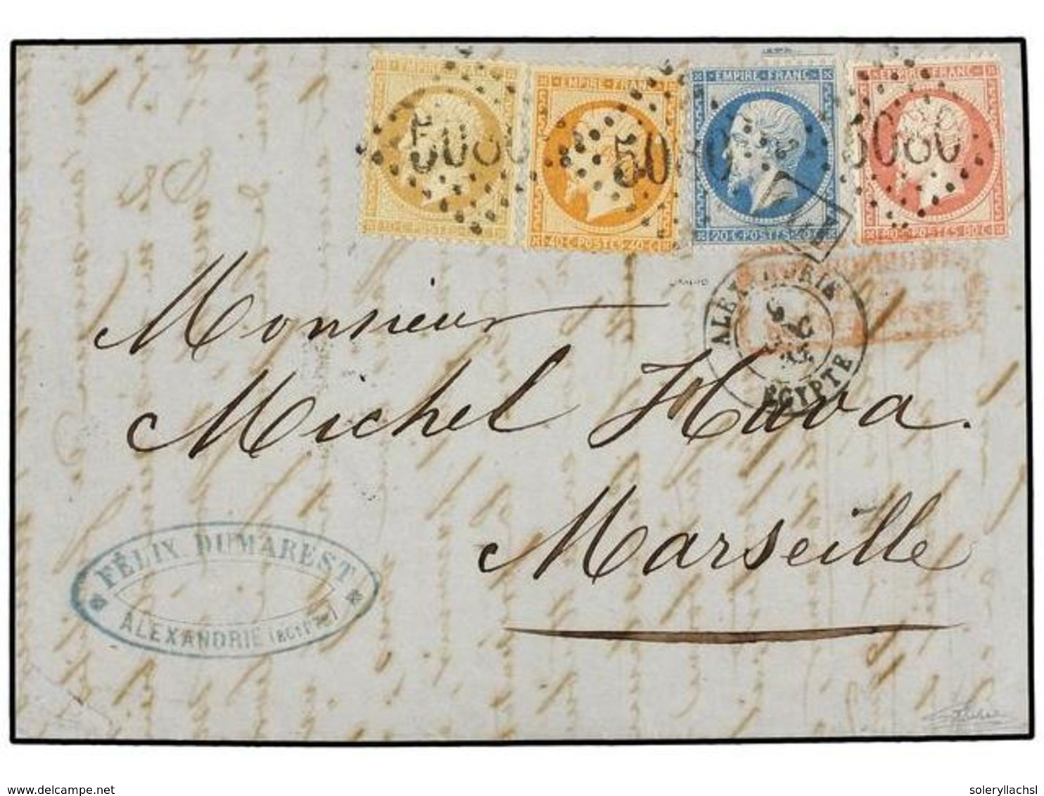 424 LEVANTE: CORREO FRANCES. 1865. ALEXANDRIE To FRANCE. Entire Letter Franked With French <B>10 Cts.</B> Bister, <B>20  - Andere & Zonder Classificatie