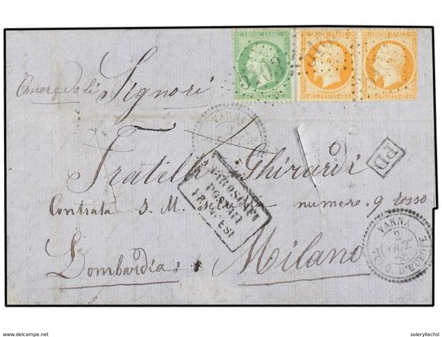 425 LEVANTE: CORREO FRANCES. 1865. VARNA A MILÁN. <B>5 Cts.</B> Verde Y <B>40 Cts.</B> Naranja (2, Un Sello, Dentado Cor - Andere & Zonder Classificatie