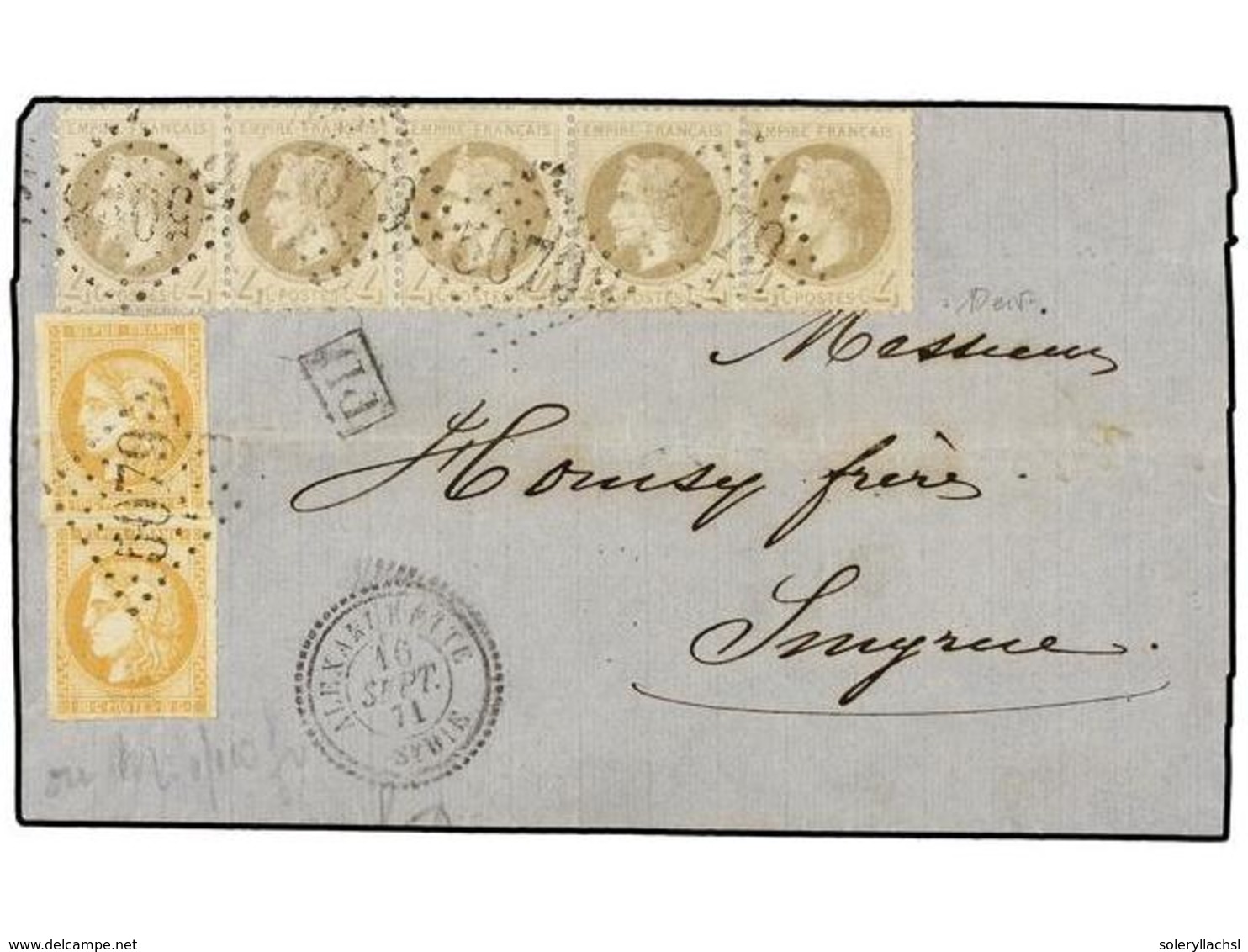 428 LEVANTE: CORREO FRANCES. 1871. <B>FRONT ONLY</B>. ALEXANDRETTE To SMYRNE. Franked With Strip Of Five Of <B>4 Cts</B> - Andere & Zonder Classificatie
