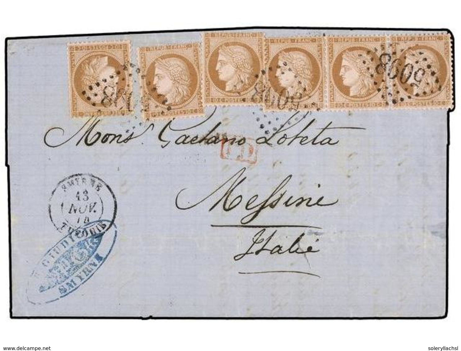 430 LEVANTE: CORREO FRANCES. 1874. SMYRNE To MESSINA (Italy). Folded Letter Franked With Six French <B>10 Cts.</B> Brown - Andere & Zonder Classificatie